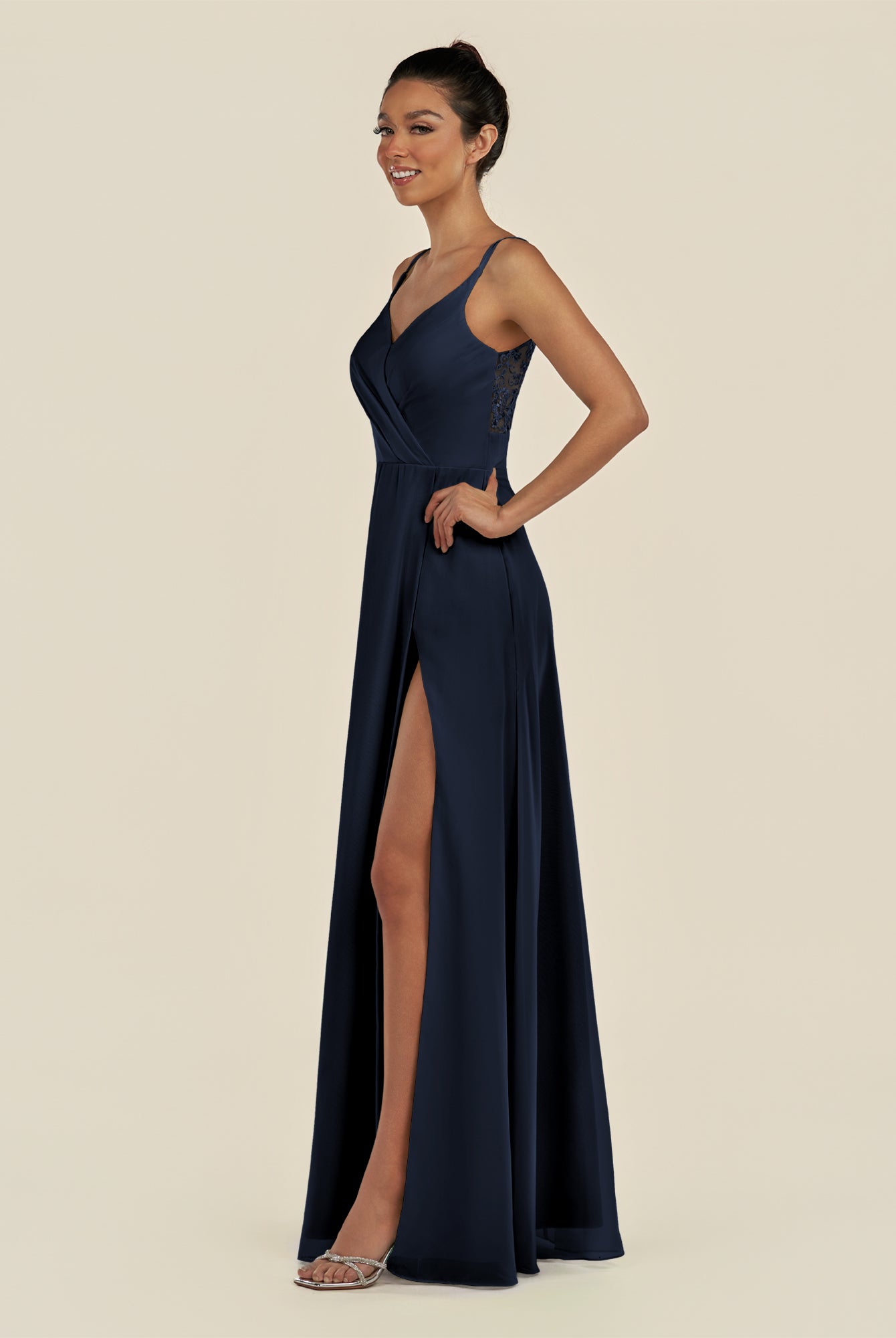KissDress-Zyria Dark Navy A Line Chiffon V Neck Ruched Long Bridesmaid Dress with Slit