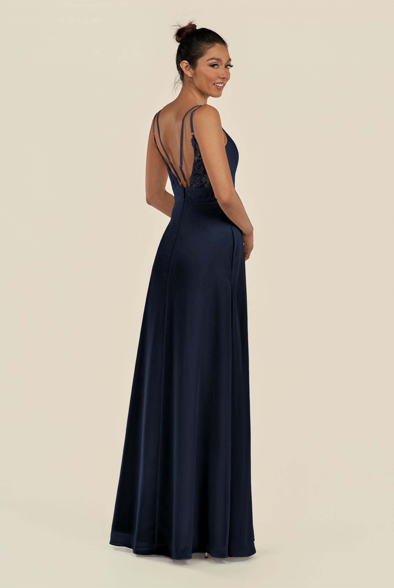 KissDress-Zyria Dark Navy A Line Chiffon V Neck Ruched Long Bridesmaid Dress with Slit