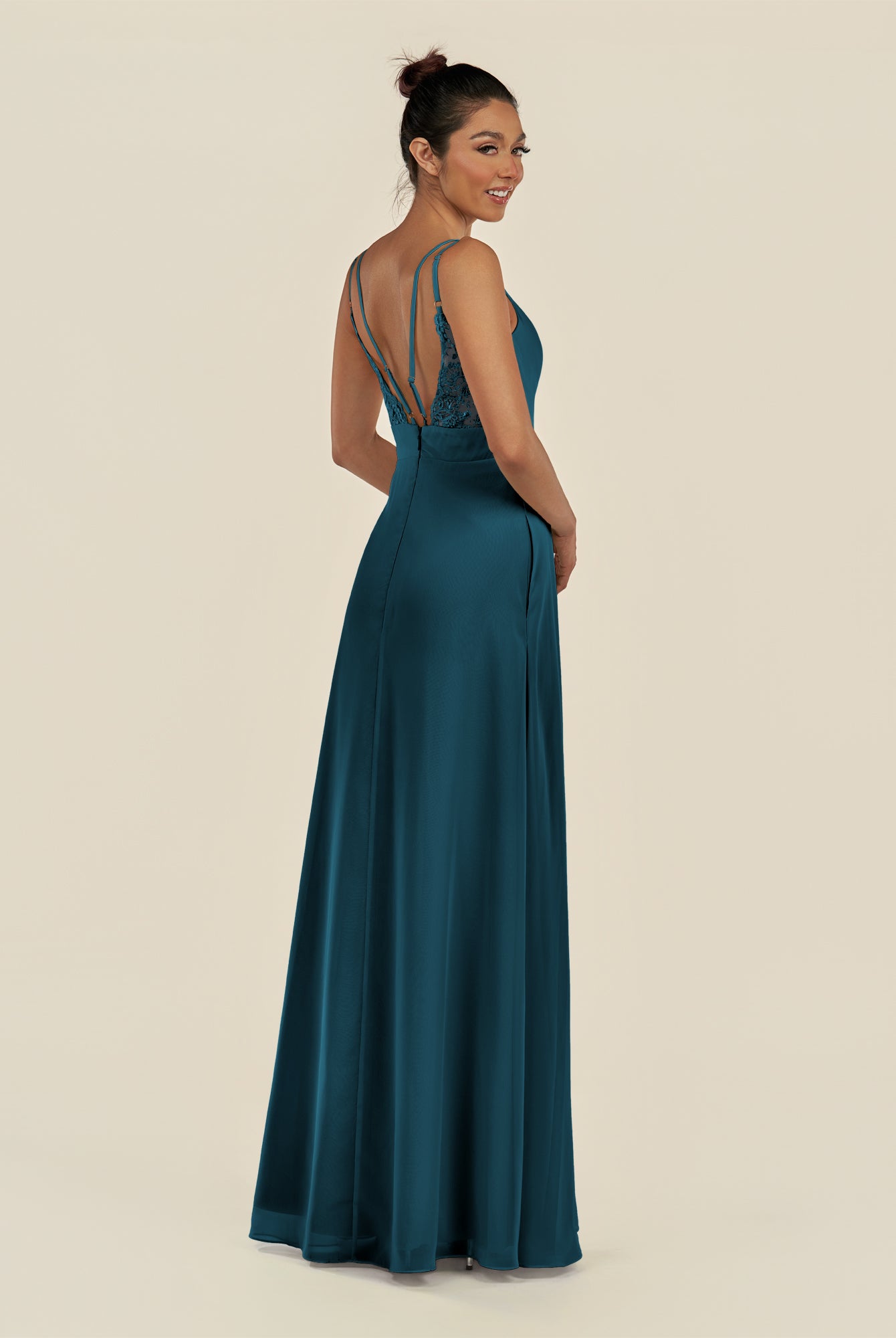 KissDress-Zyria Dark Teal A Line Chiffon V Neck Ruched Long Bridesmaid Dress with Slit