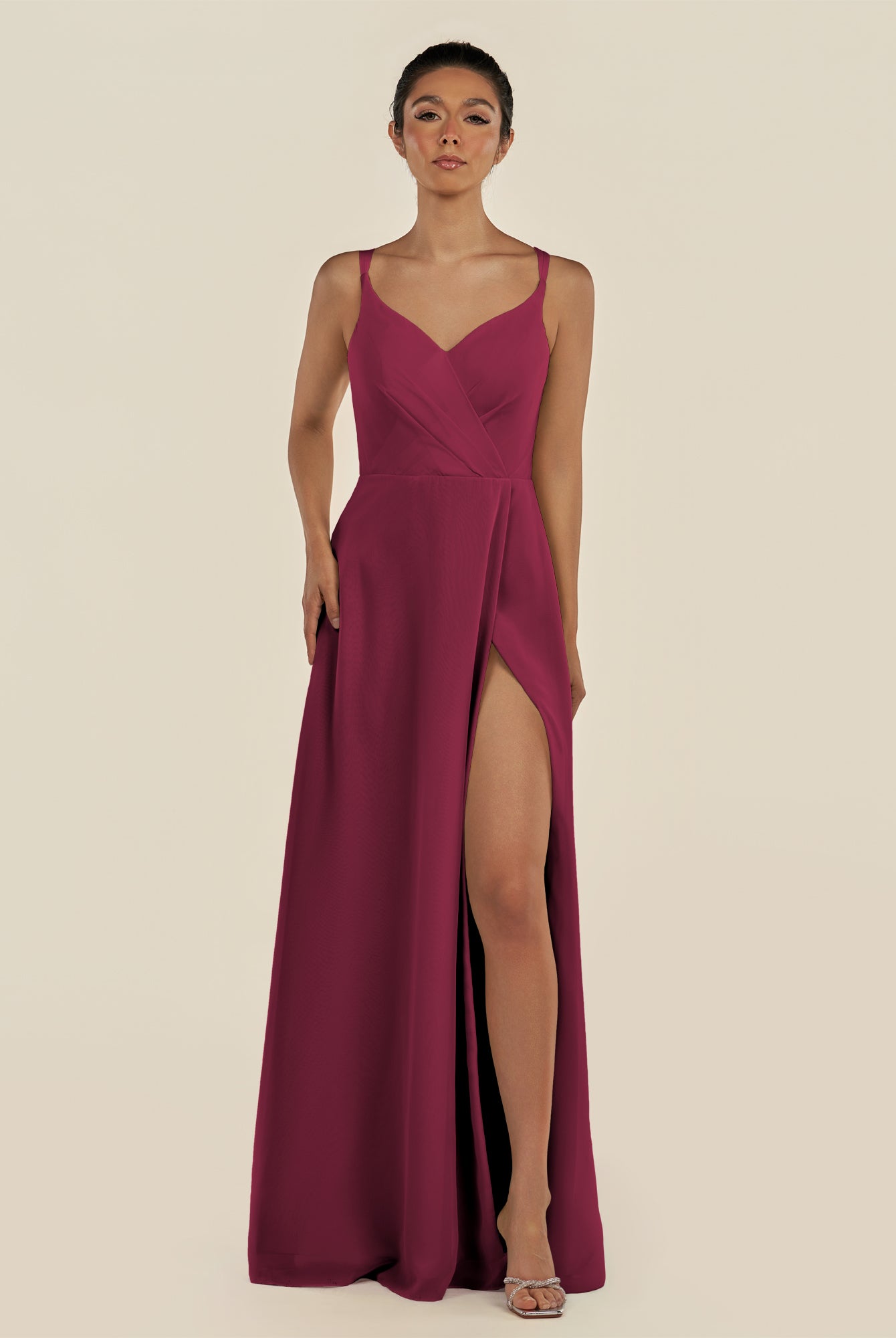 KissDress-Zyria Desert Rose A Line Chiffon V Neck Ruched Long Bridesmaid Dress with Slit