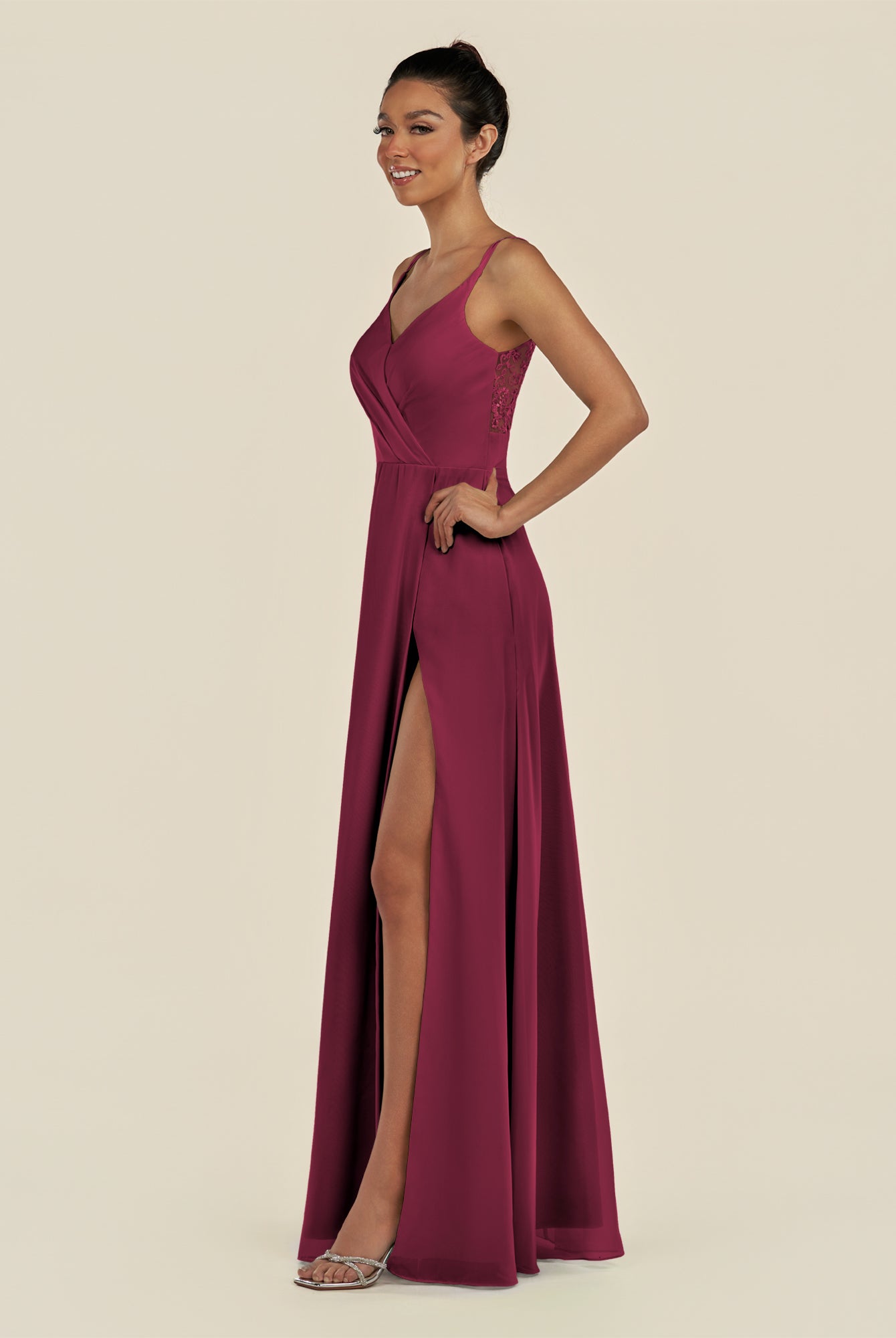 KissDress-Zyria Desert Rose A Line Chiffon V Neck Ruched Long Bridesmaid Dress with Slit