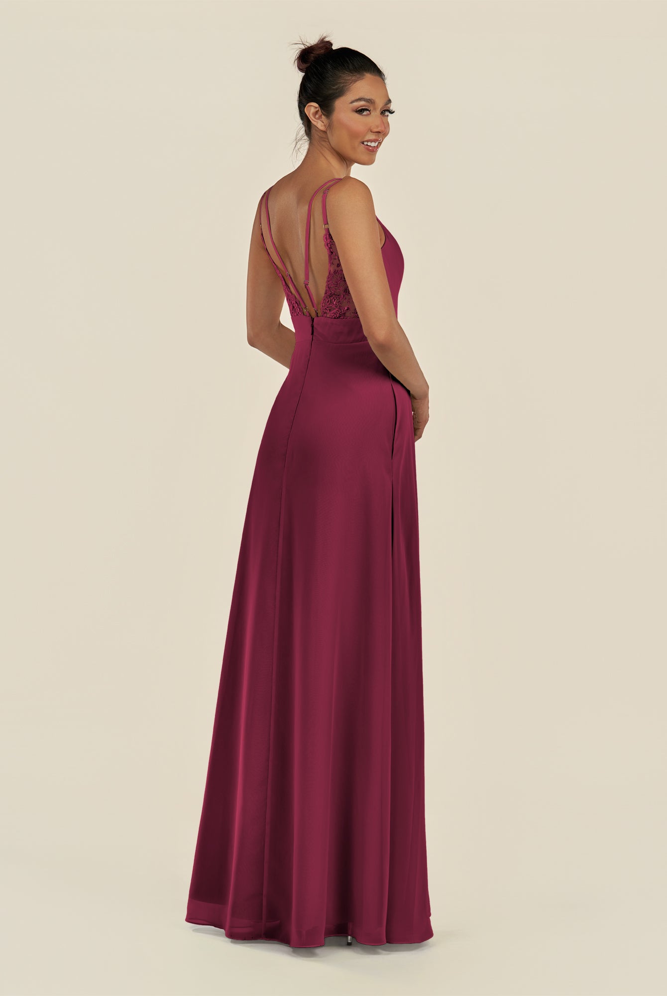 KissDress-Zyria Desert Rose A Line Chiffon V Neck Ruched Long Bridesmaid Dress with Slit