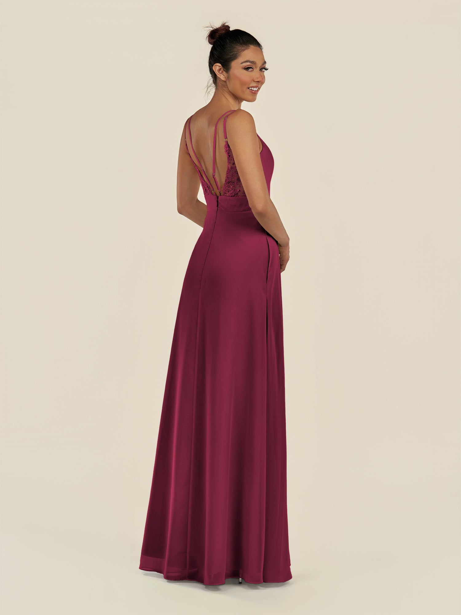 KissDress-Zyria Desert Rose A Line Chiffon V Neck Ruched Long Bridesmaid Dress with Slit