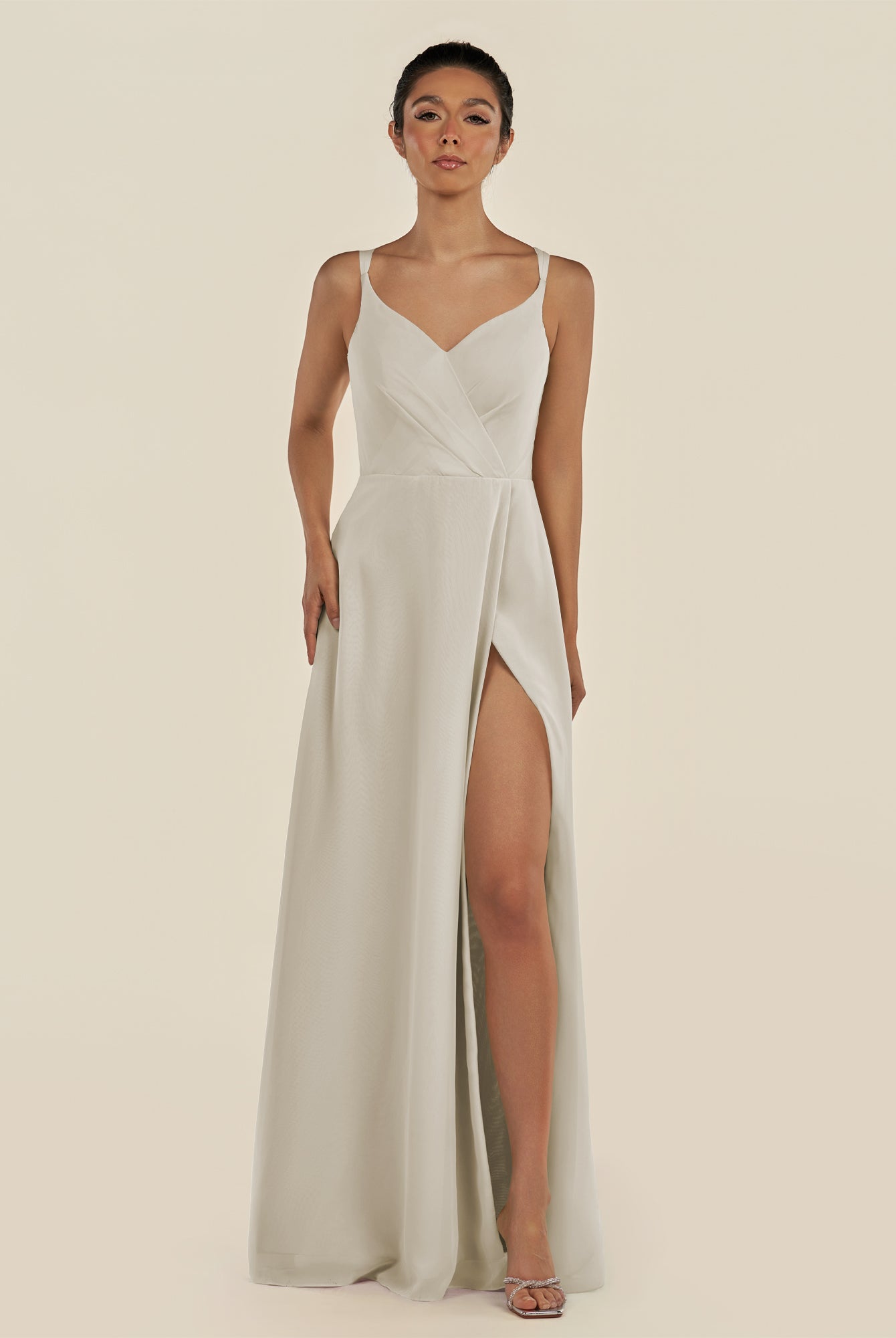 KissDress-Zyria Dove Gray A Line Chiffon V Neck Ruched Long Bridesmaid Dress with Slit
