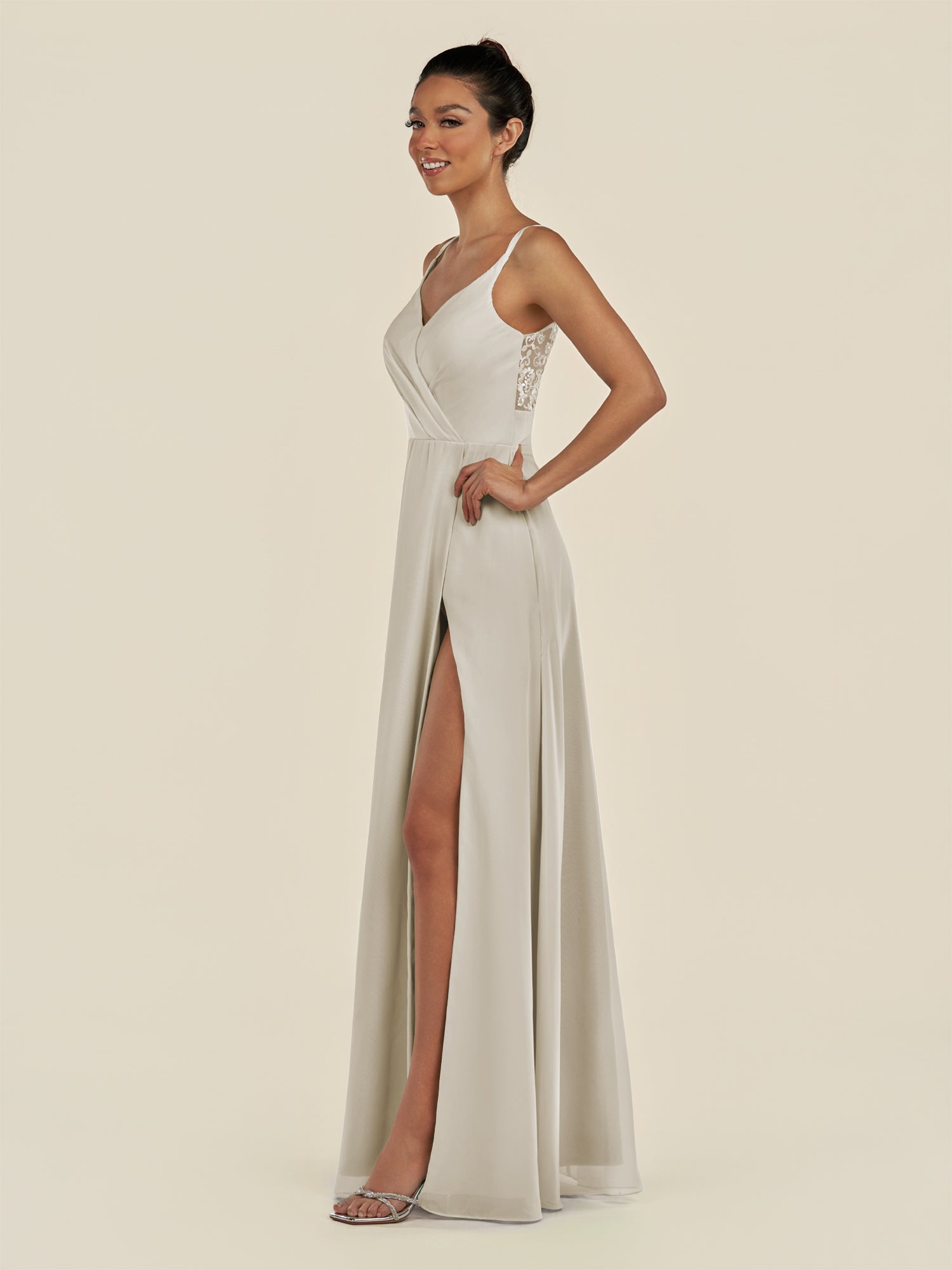 KissDress-Zyria Dove Gray A Line Chiffon V Neck Ruched Long Bridesmaid Dress with Slit
