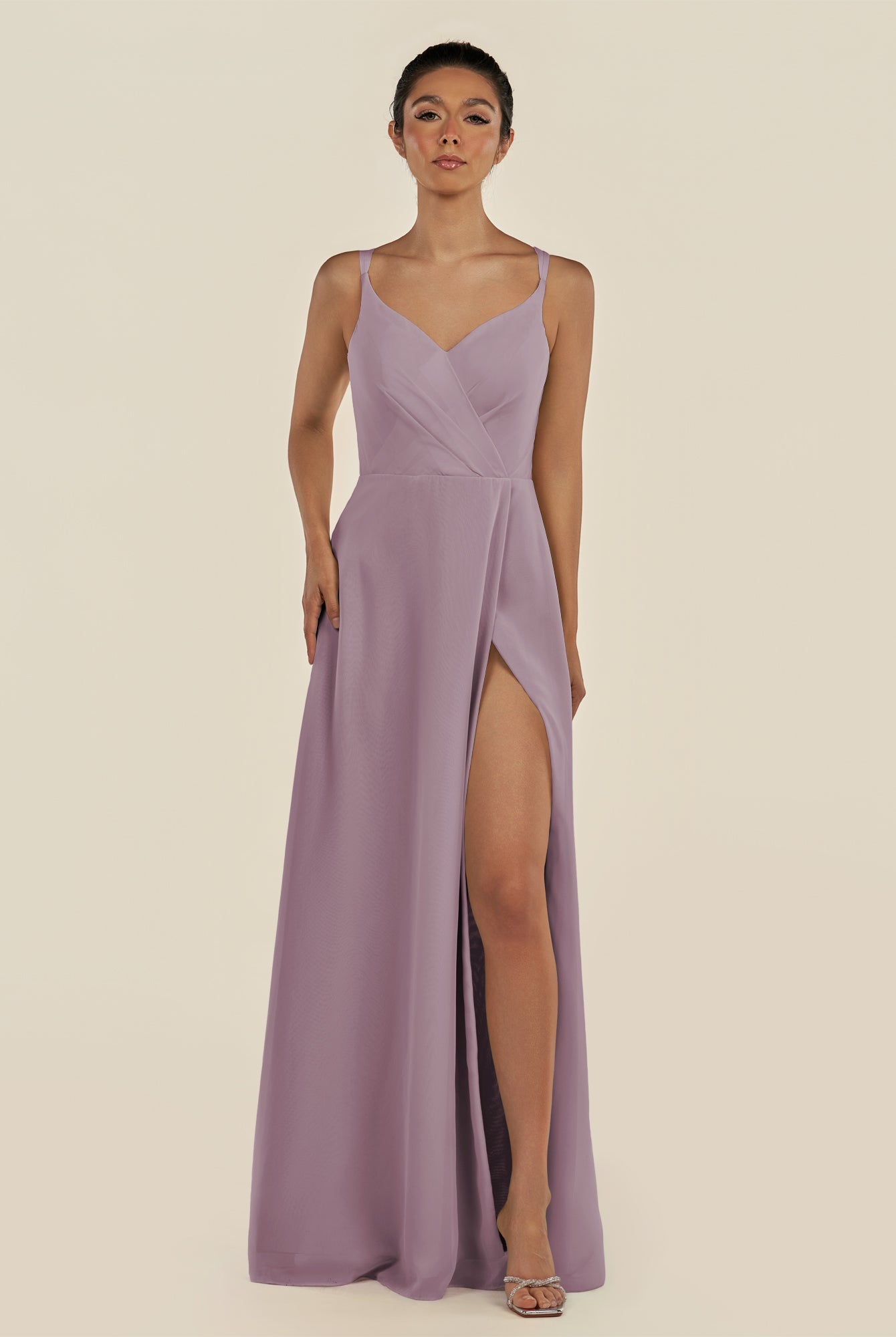 KissDress-Zyria Dusk A Line Chiffon V Neck Ruched Long Bridesmaid Dress with Slit