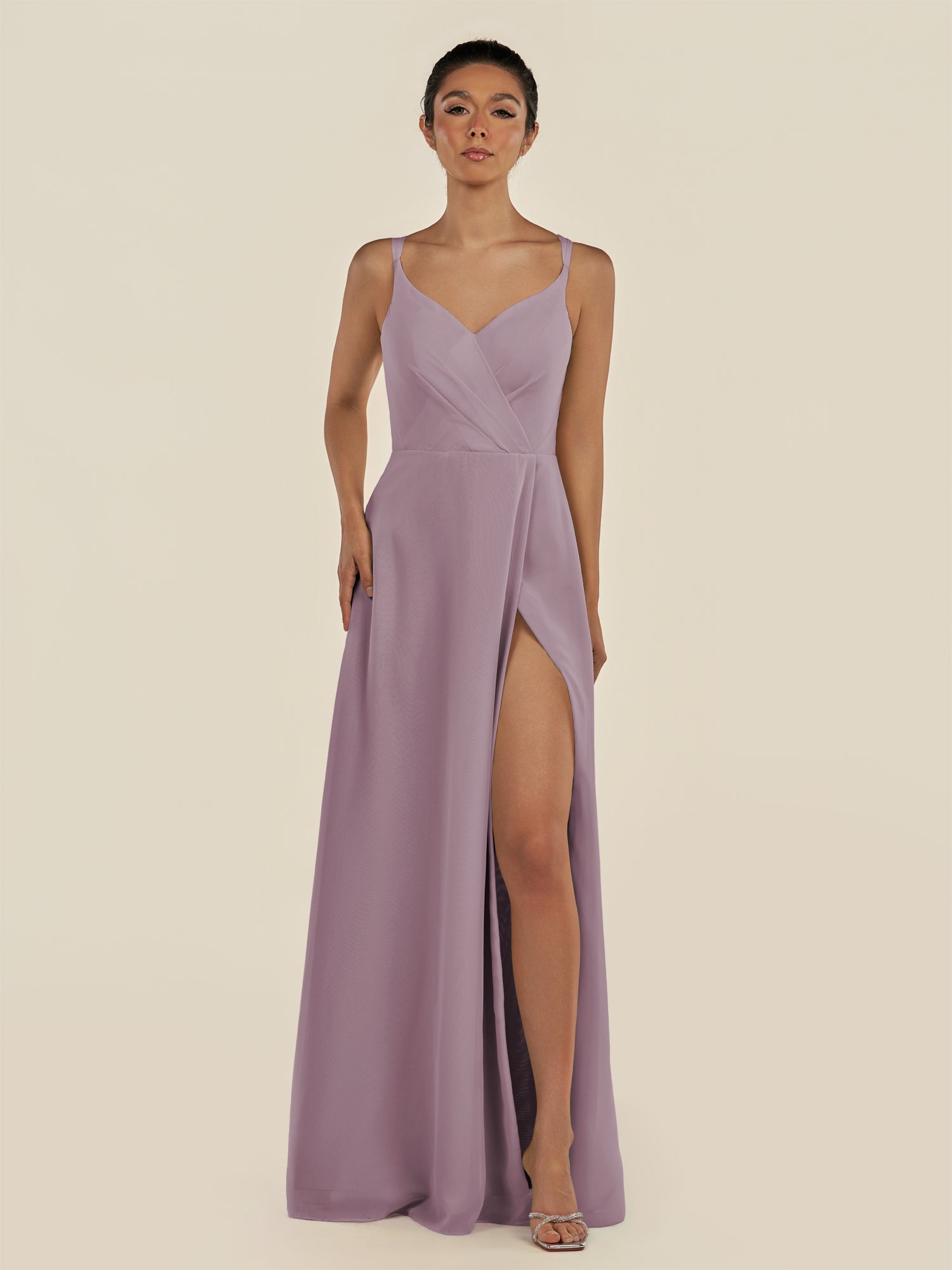 KissDress-Zyria Dusk A Line Chiffon V Neck Ruched Long Bridesmaid Dress with Slit