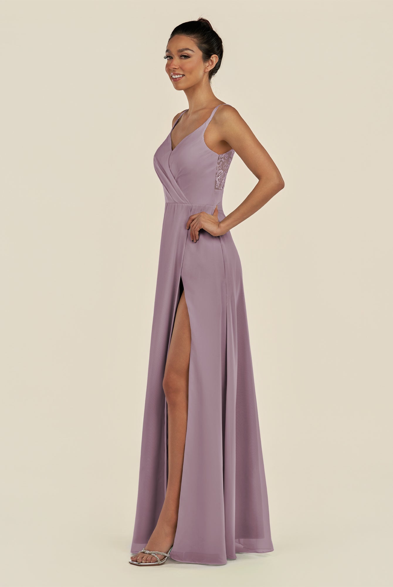 KissDress-Zyria Dusk A Line Chiffon V Neck Ruched Long Bridesmaid Dress with Slit
