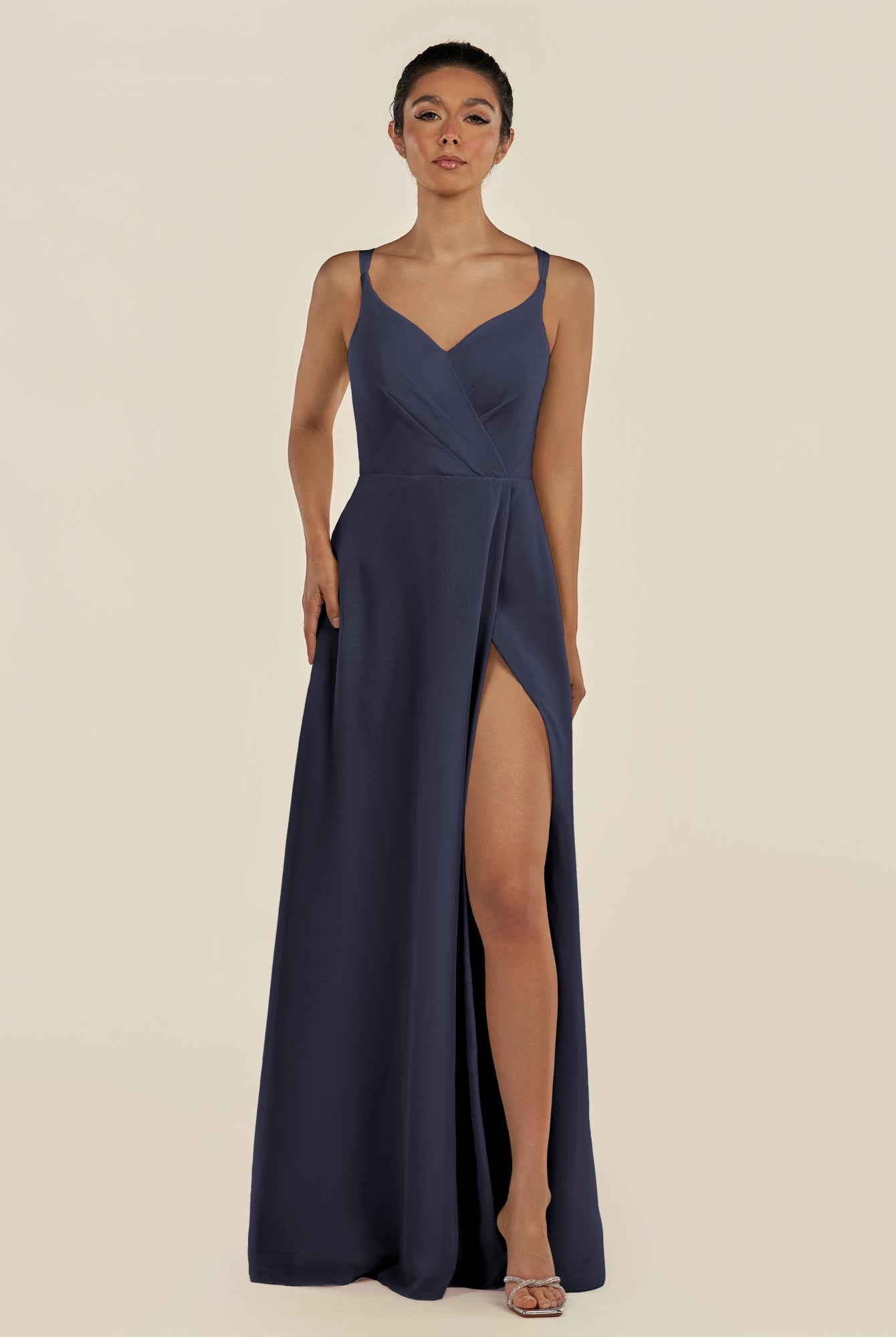 KissDress-Zyria Dusk Blue A Line Chiffon V Neck Ruched Long Bridesmaid Dress with Slit