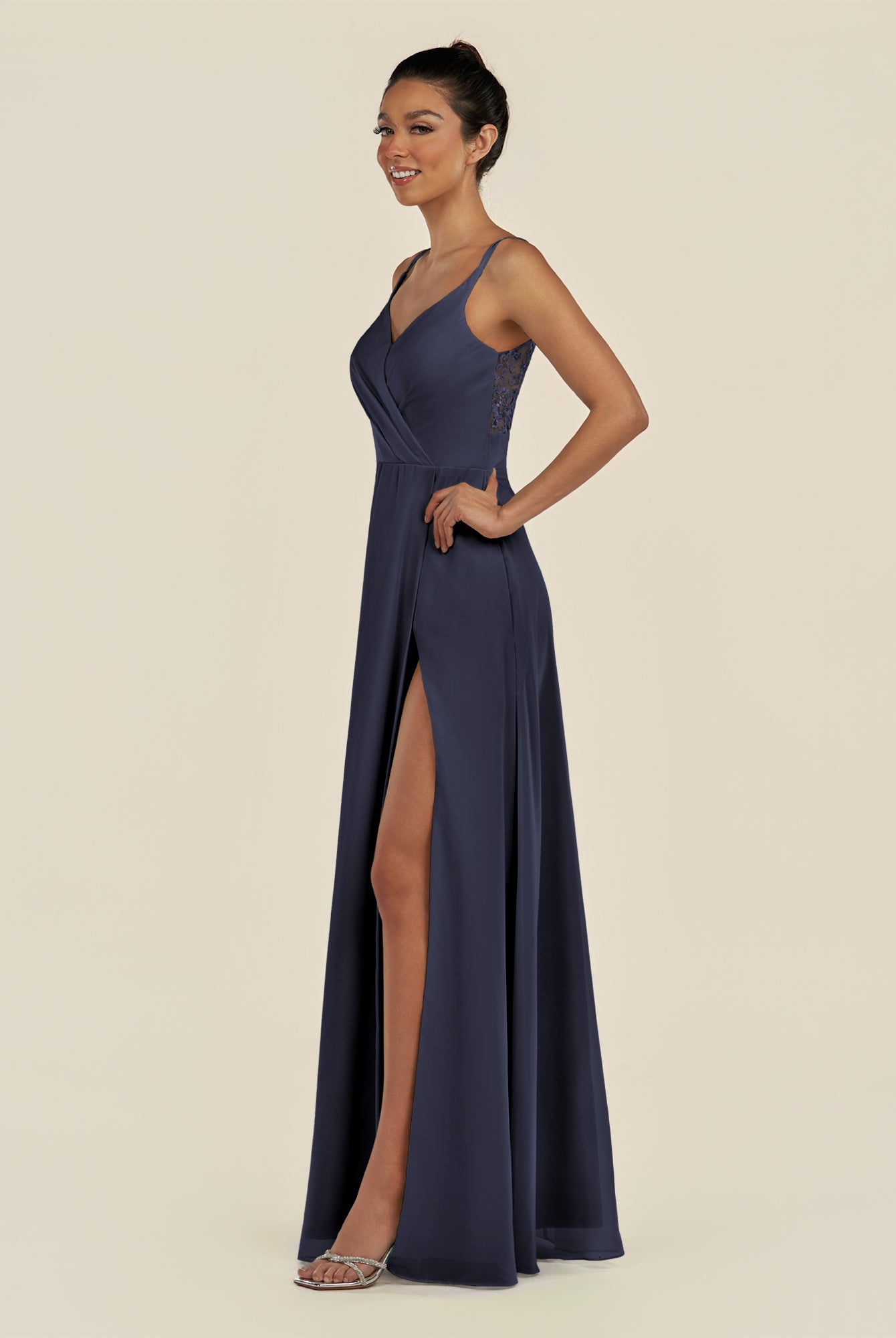 KissDress-Zyria Dusk Blue A Line Chiffon V Neck Ruched Long Bridesmaid Dress with Slit