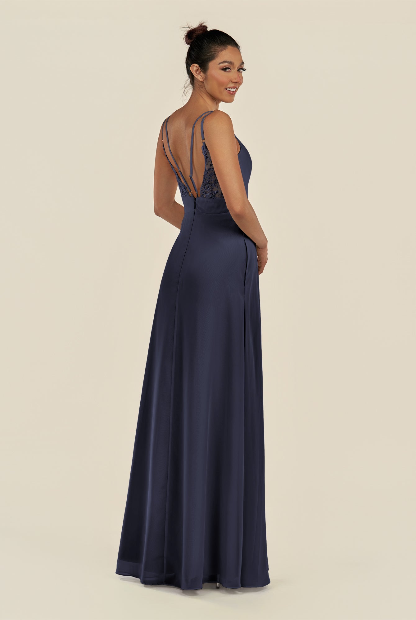 KissDress-Zyria Dusk Blue A Line Chiffon V Neck Ruched Long Bridesmaid Dress with Slit