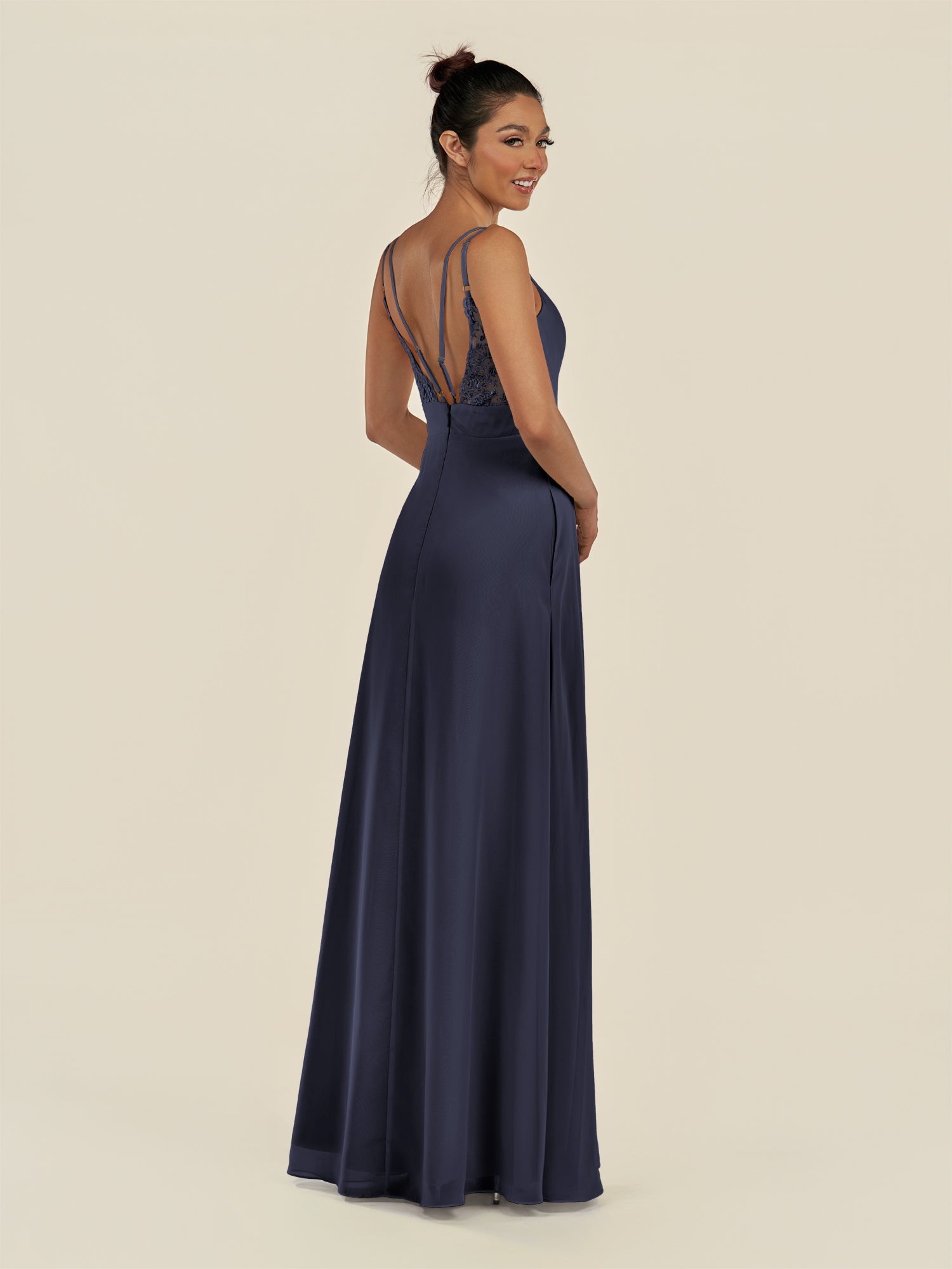 KissDress-Zyria Dusk Blue A Line Chiffon V Neck Ruched Long Bridesmaid Dress with Slit