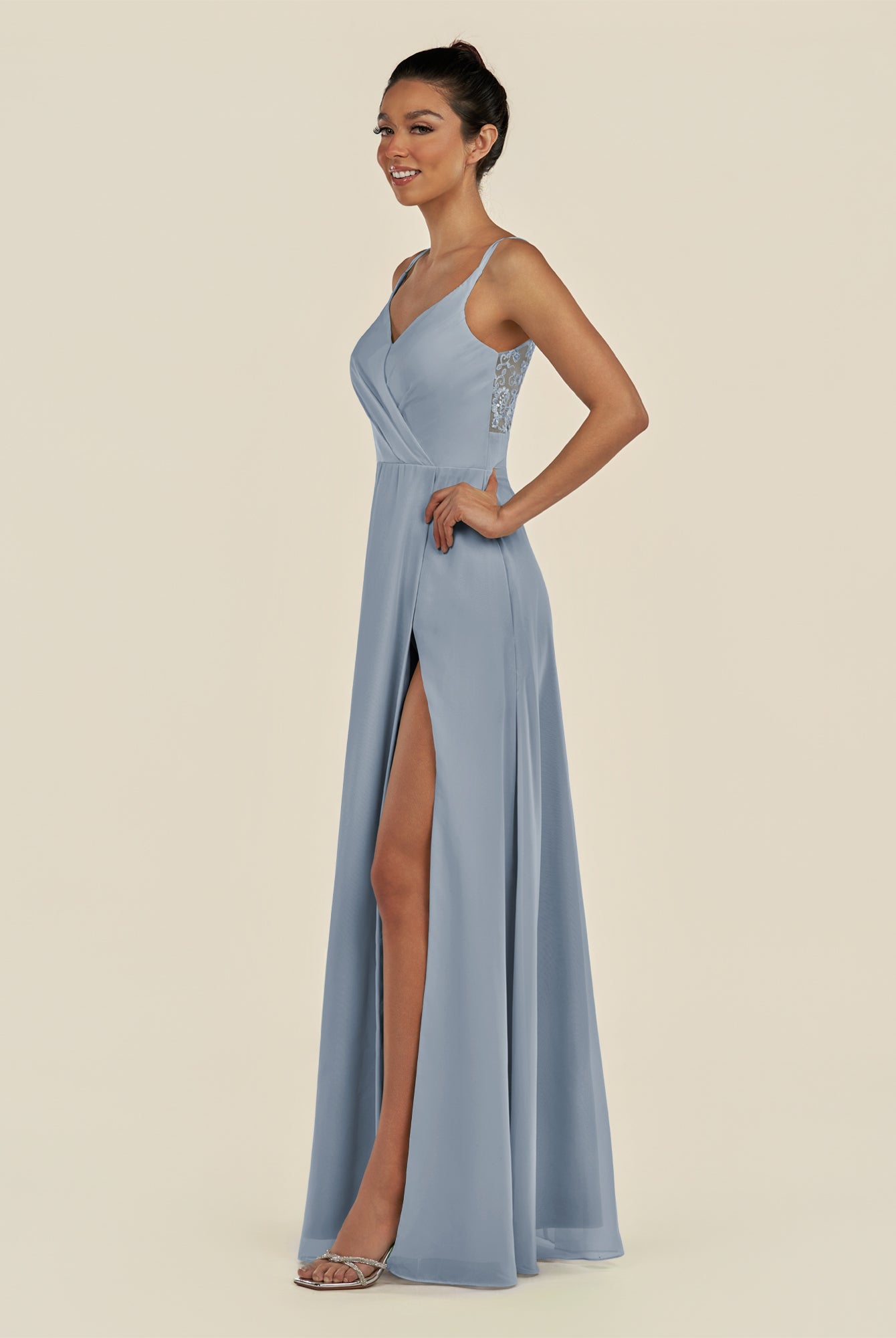 KissDress-Zyria Dusty Blue A Line Chiffon V Neck Ruched Long Bridesmaid Dress with Slit