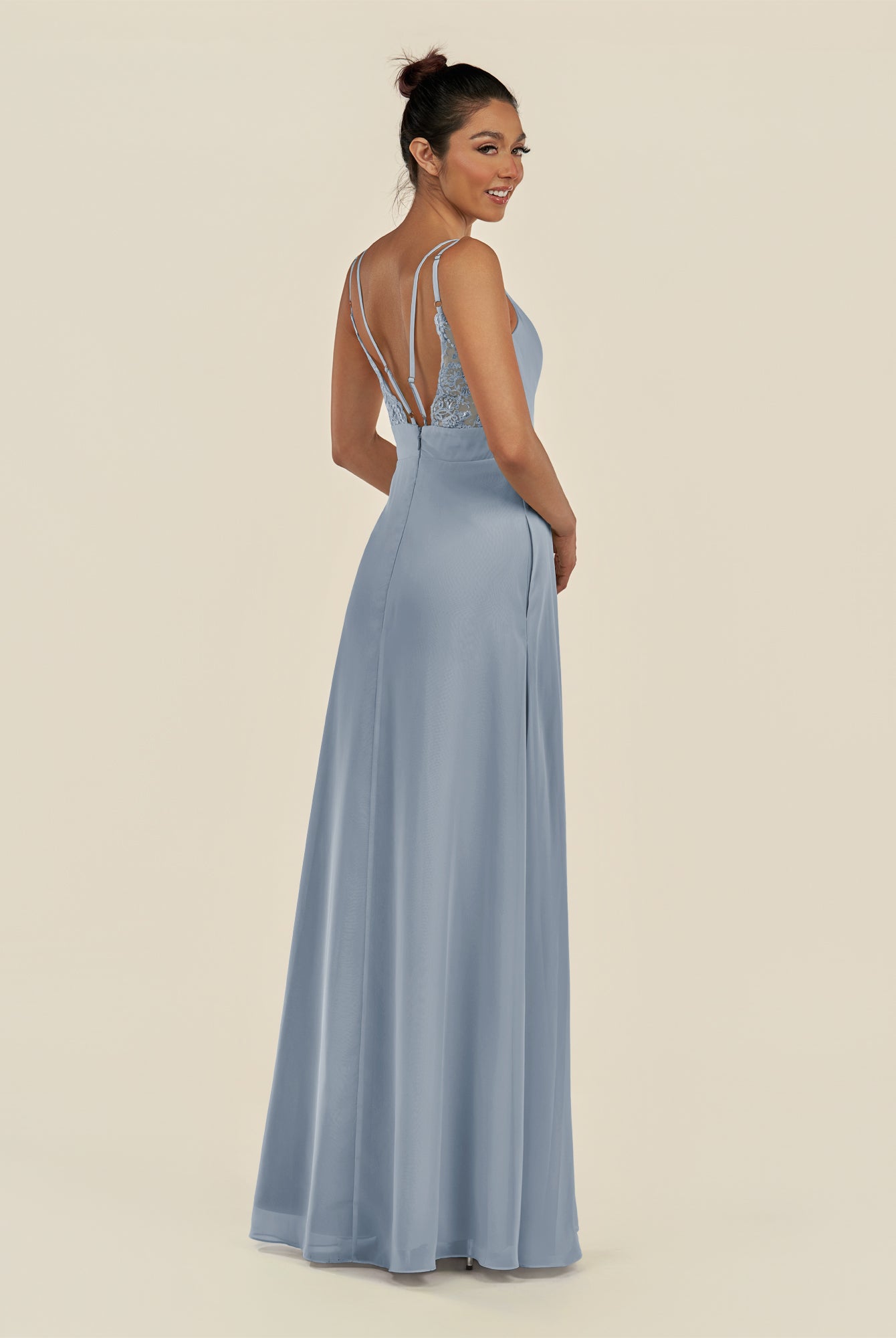 KissDress-Zyria Dusty Blue A Line Chiffon V Neck Ruched Long Bridesmaid Dress with Slit