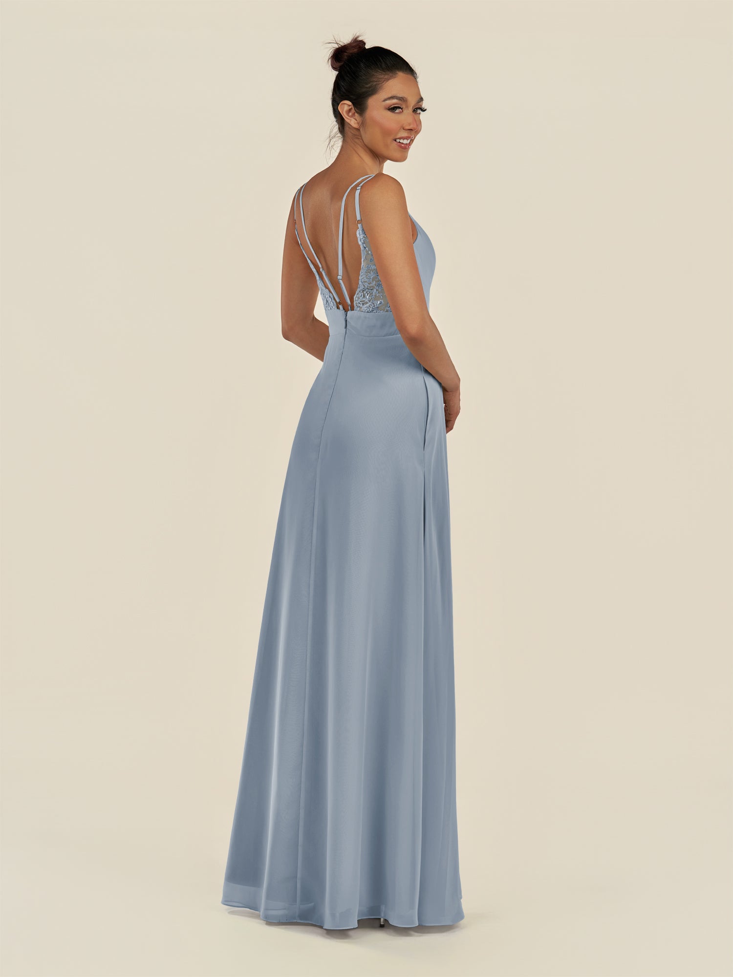 KissDress-Zyria Dusty Blue A Line Chiffon V Neck Ruched Long Bridesmaid Dress with Slit