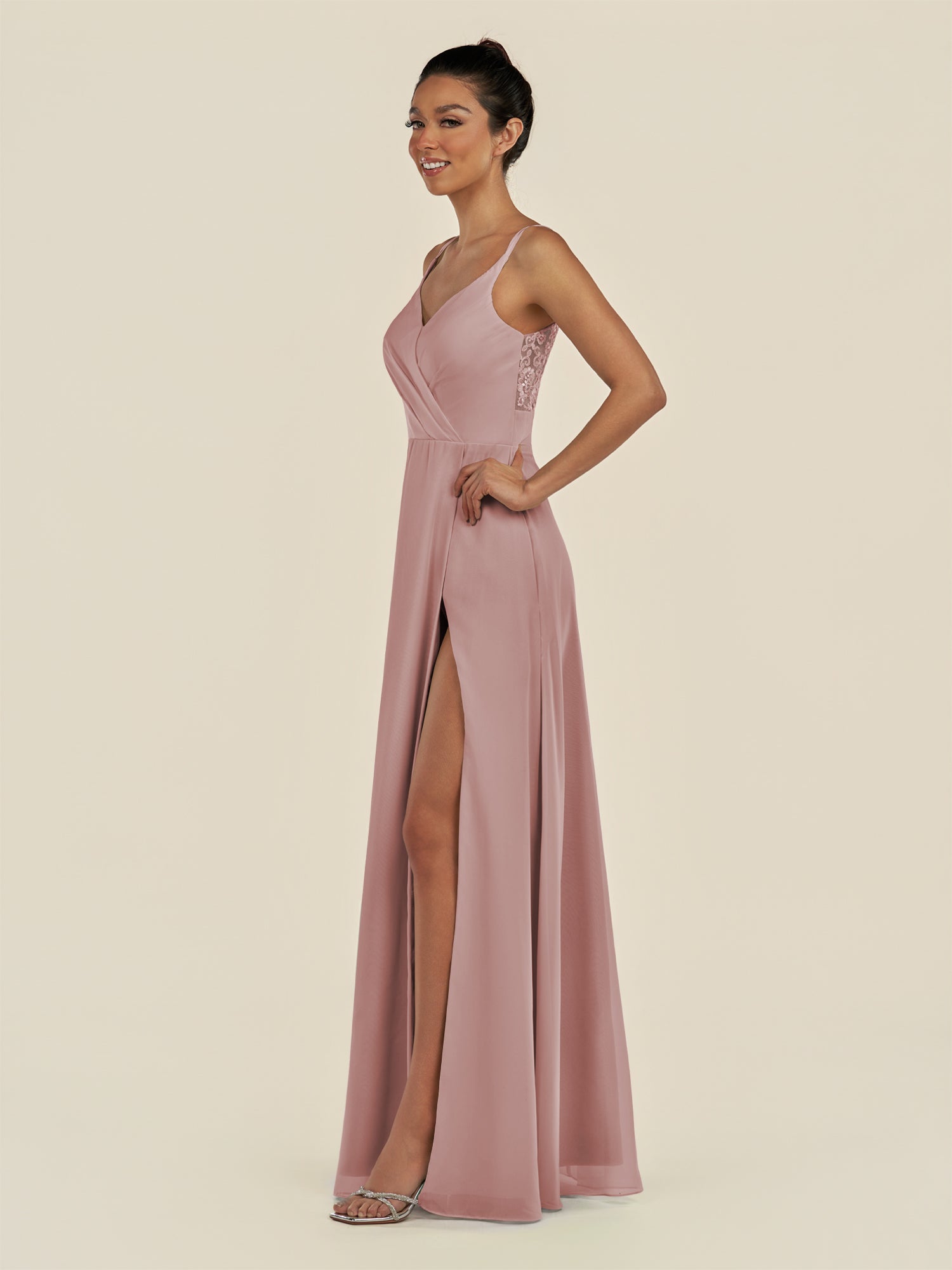 KissDress-Zyria Dusty Rose A Line Chiffon V Neck Ruched Long Bridesmaid Dress with Slit