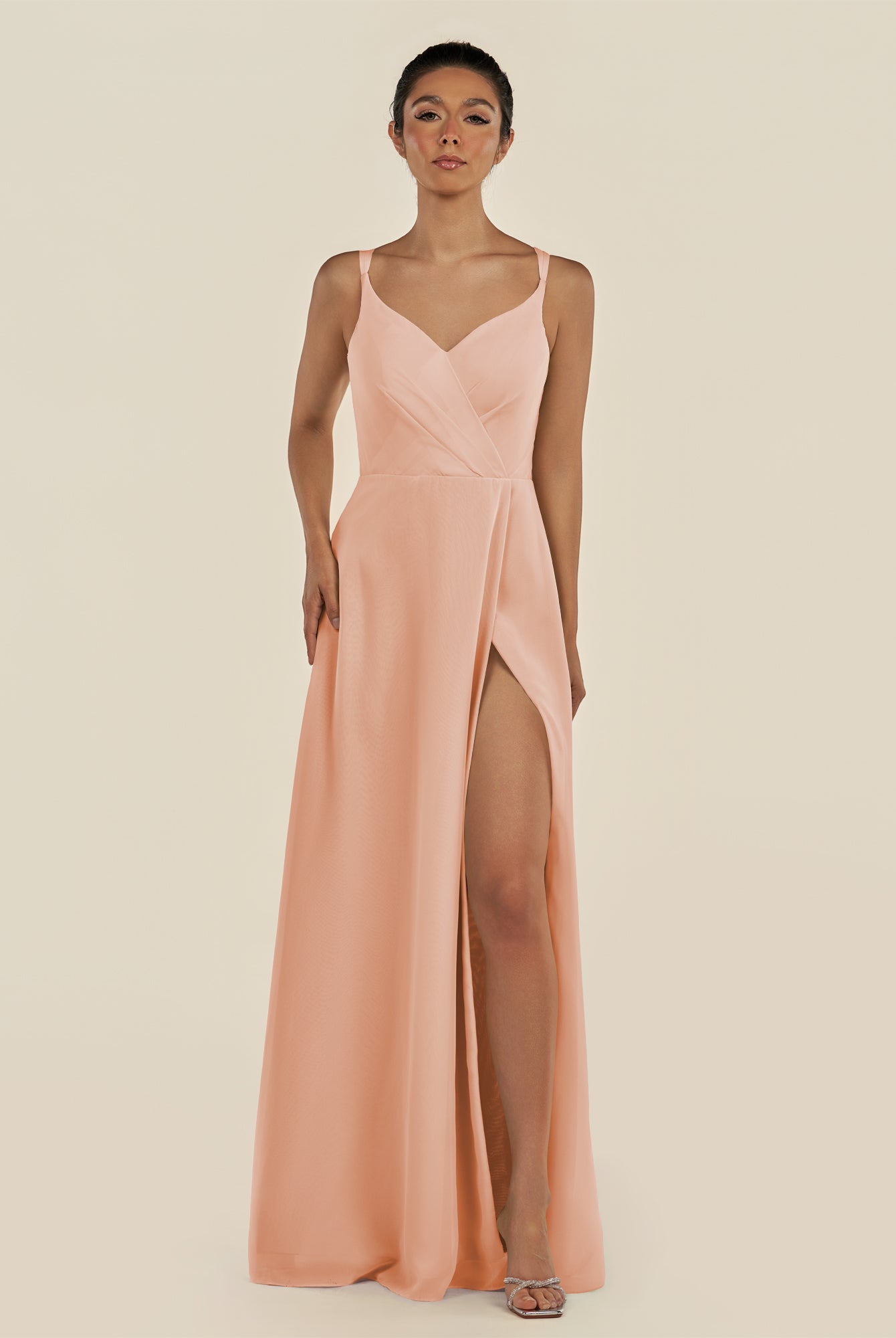 KissDress-Zyria English Rose A Line Chiffon V Neck Ruched Long Bridesmaid Dress with Slit