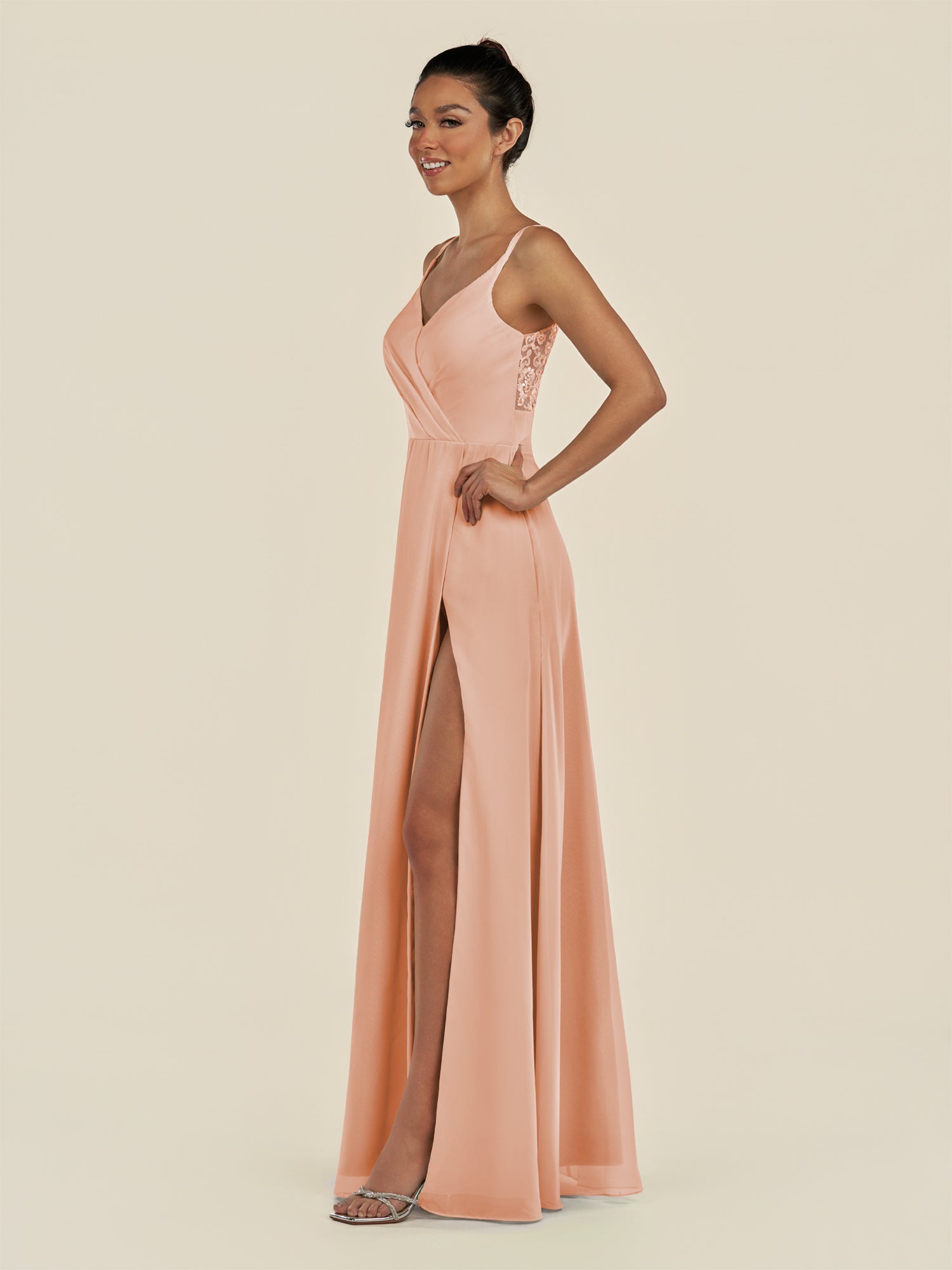 KissDress-Zyria English Rose A Line Chiffon V Neck Ruched Long Bridesmaid Dress with Slit