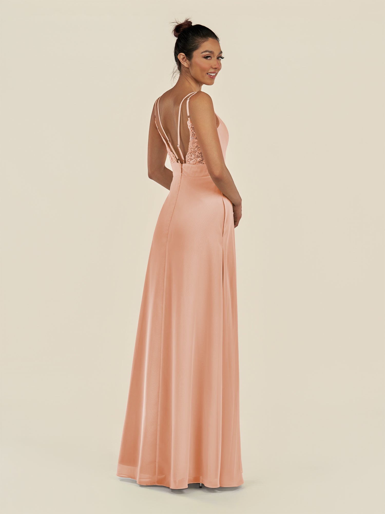 KissDress-Zyria English Rose A Line Chiffon V Neck Ruched Long Bridesmaid Dress with Slit