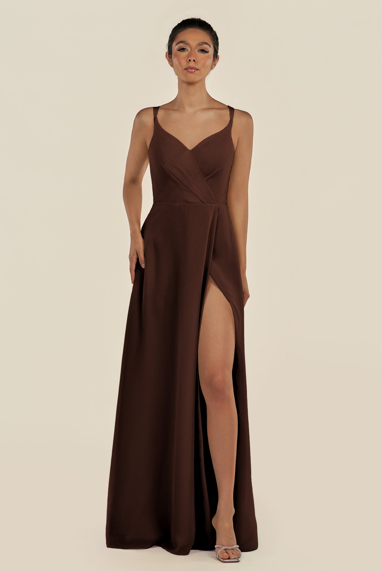 KissDress-Zyria Espresso A Line Chiffon V Neck Ruched Long Bridesmaid Dress with Slit