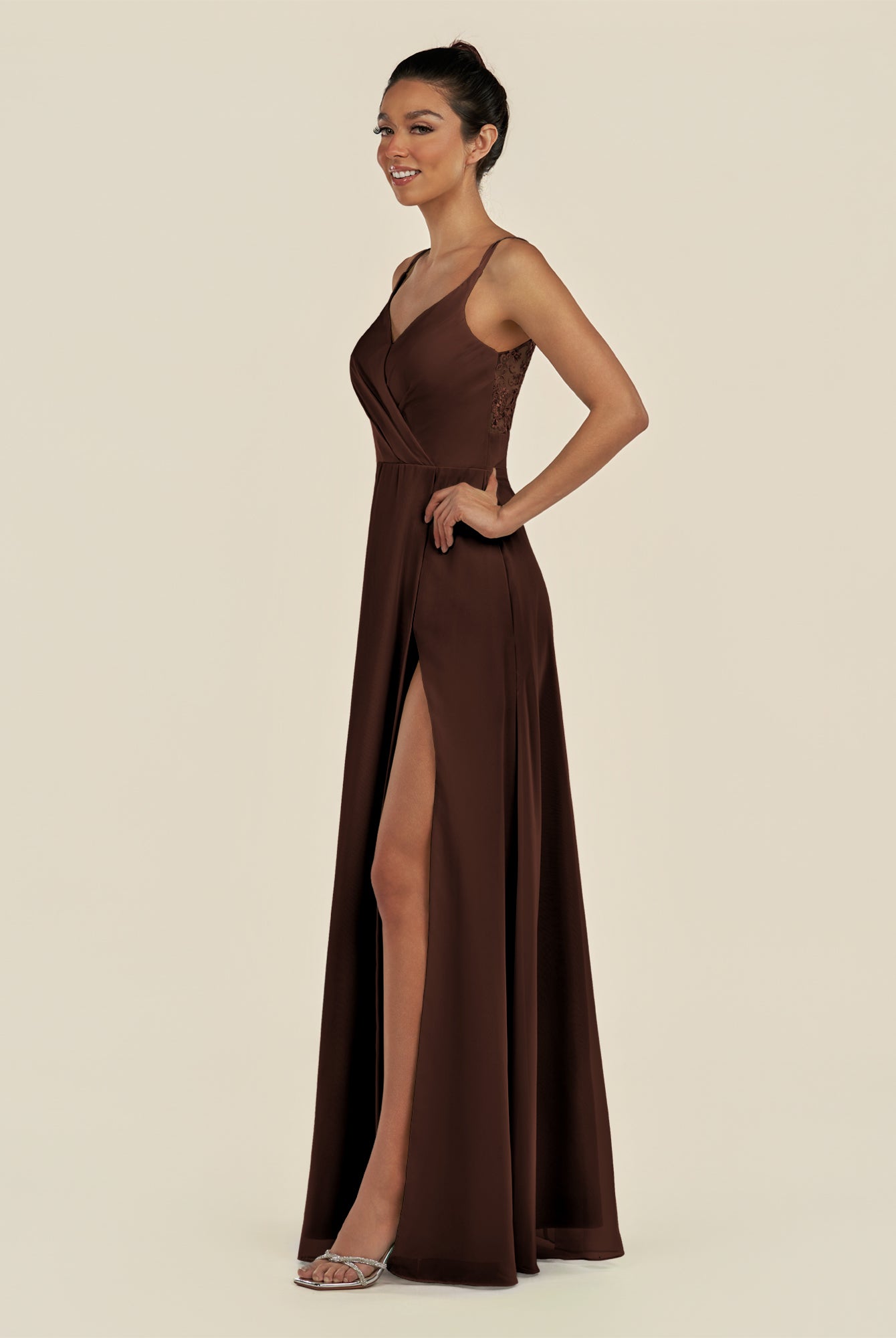 KissDress-Zyria Espresso A Line Chiffon V Neck Ruched Long Bridesmaid Dress with Slit