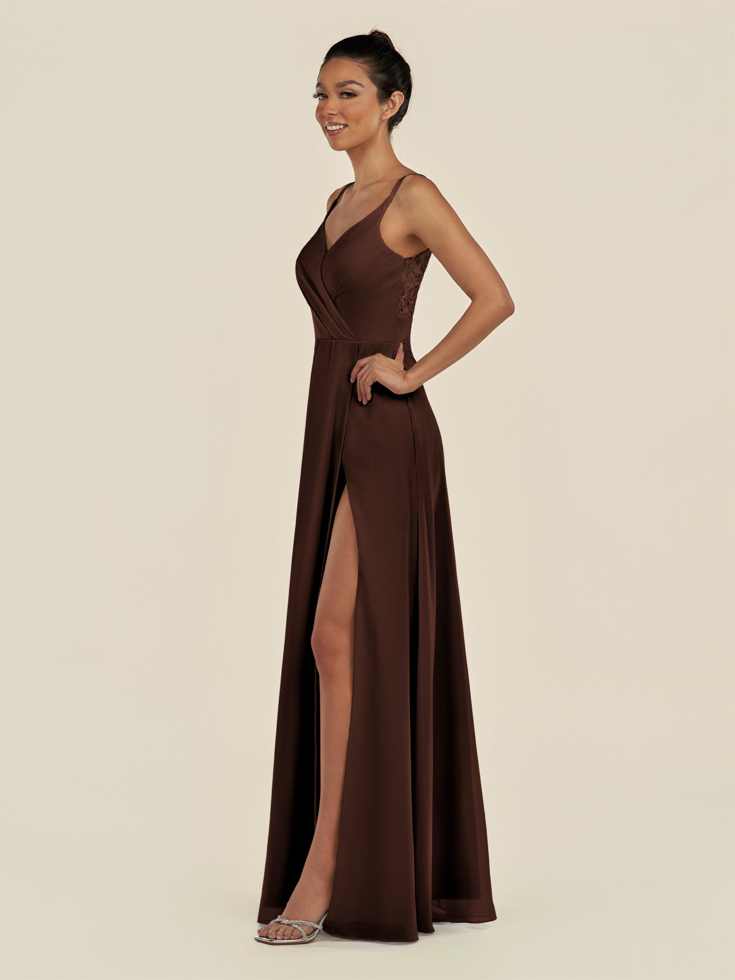 KissDress-Zyria Espresso A Line Chiffon V Neck Ruched Long Bridesmaid Dress with Slit