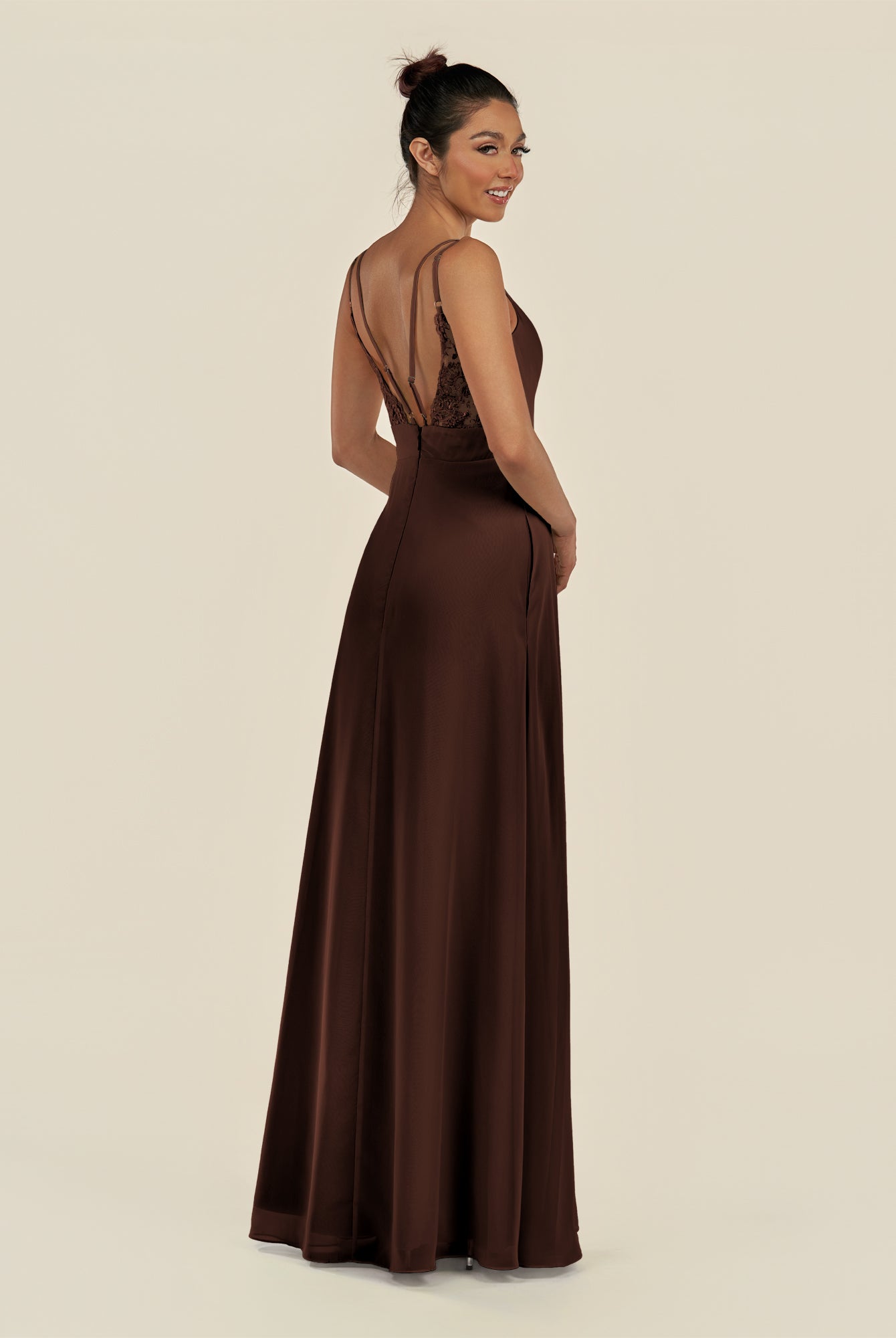 KissDress-Zyria Espresso A Line Chiffon V Neck Ruched Long Bridesmaid Dress with Slit