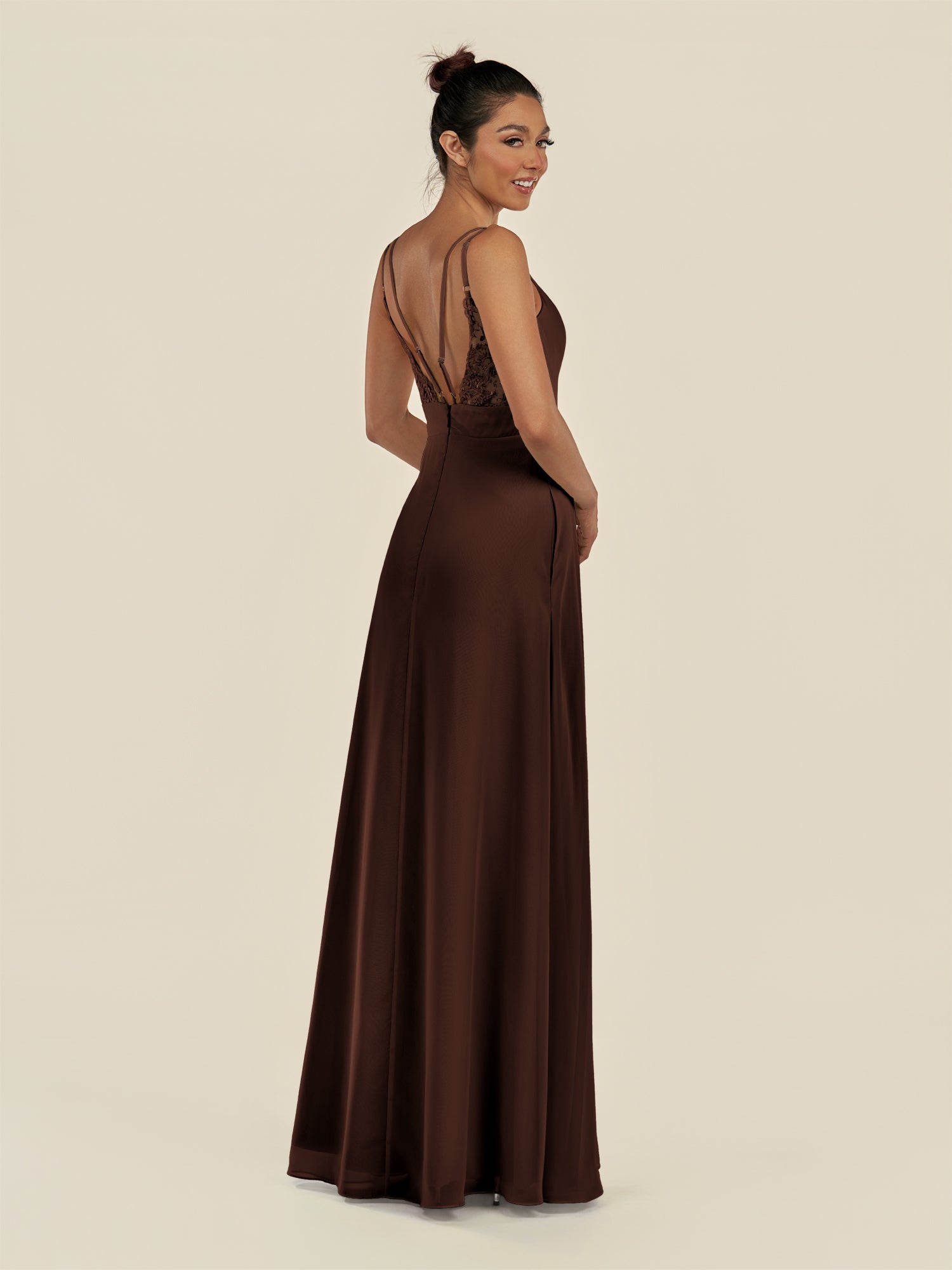 KissDress-Zyria Espresso A Line Chiffon V Neck Ruched Long Bridesmaid Dress with Slit