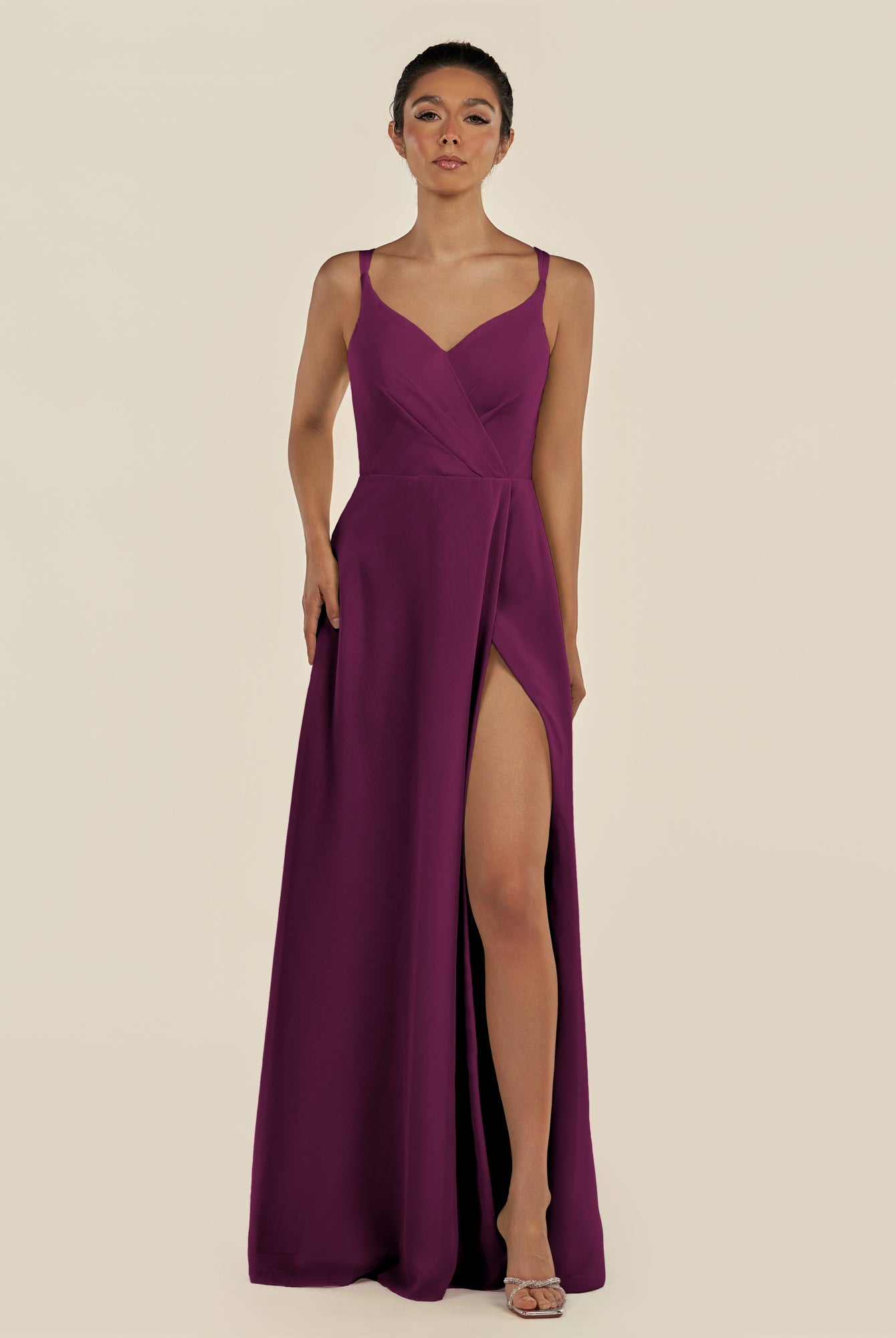 KissDress-Zyria Fig A Line Chiffon V Neck Ruched Long Bridesmaid Dress with Slit