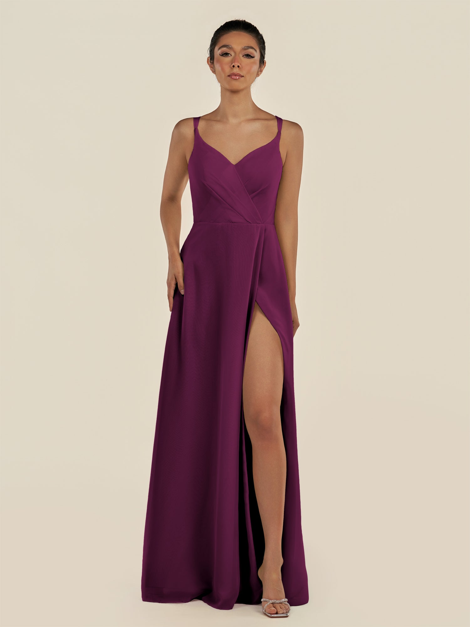 KissDress-Zyria Fig A Line Chiffon V Neck Ruched Long Bridesmaid Dress with Slit