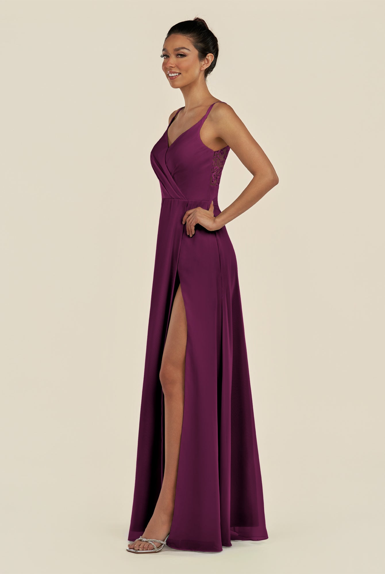 KissDress-Zyria Fig A Line Chiffon V Neck Ruched Long Bridesmaid Dress with Slit