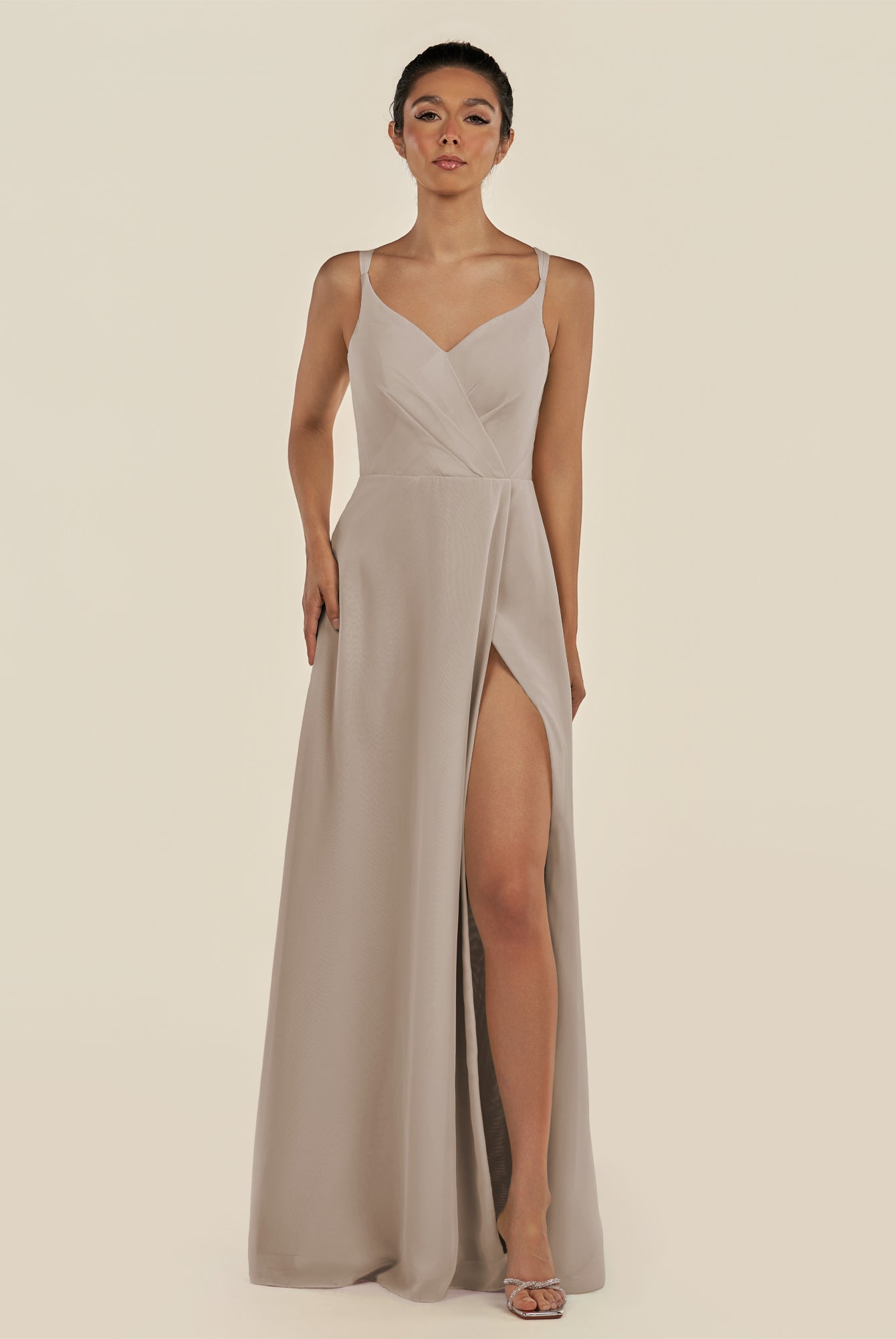 KissDress-Zyria Frost A Line Chiffon V Neck Ruched Long Bridesmaid Dress with Slit