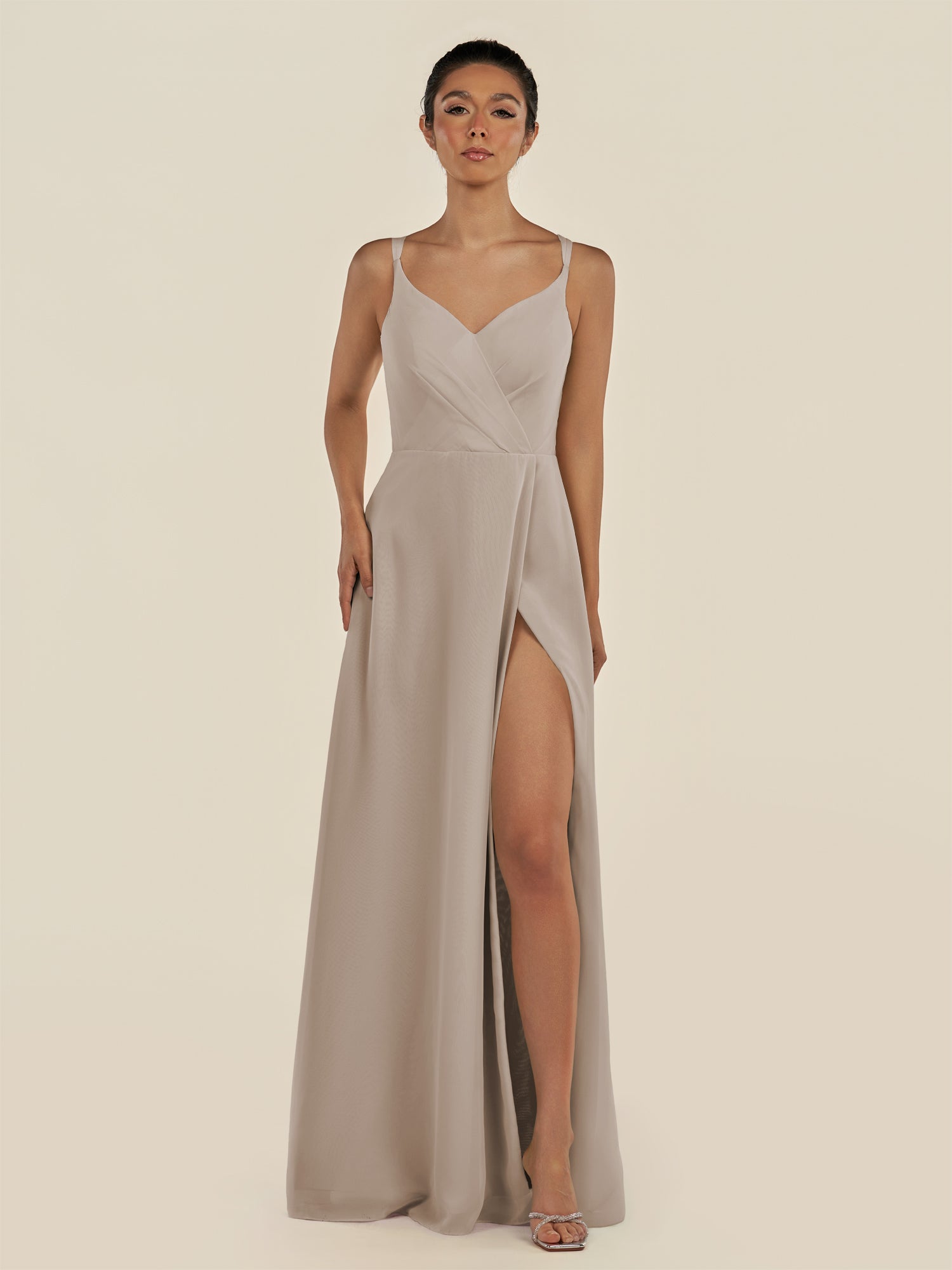 KissDress-Zyria Frost A Line Chiffon V Neck Ruched Long Bridesmaid Dress with Slit