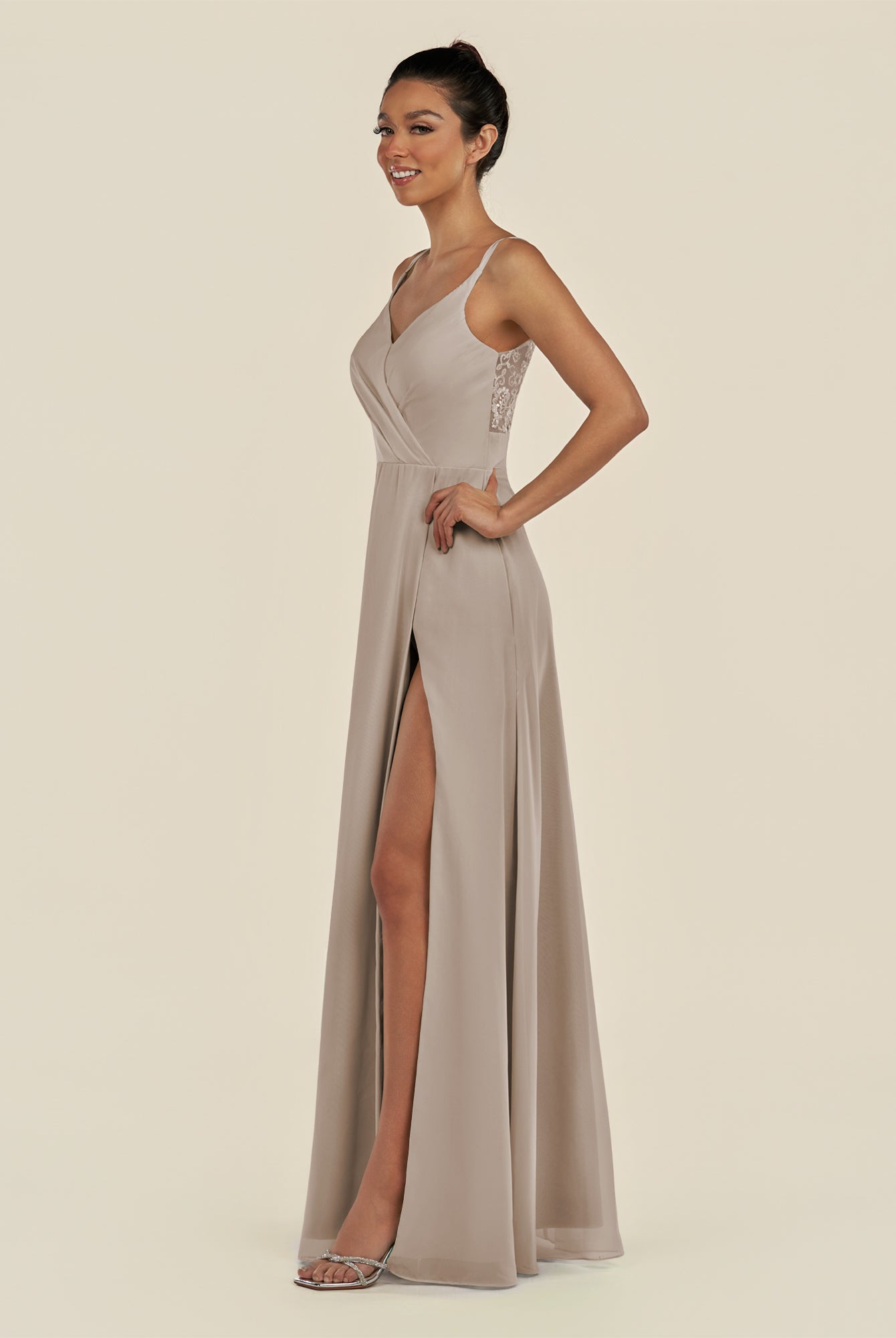 KissDress-Zyria Frost A Line Chiffon V Neck Ruched Long Bridesmaid Dress with Slit