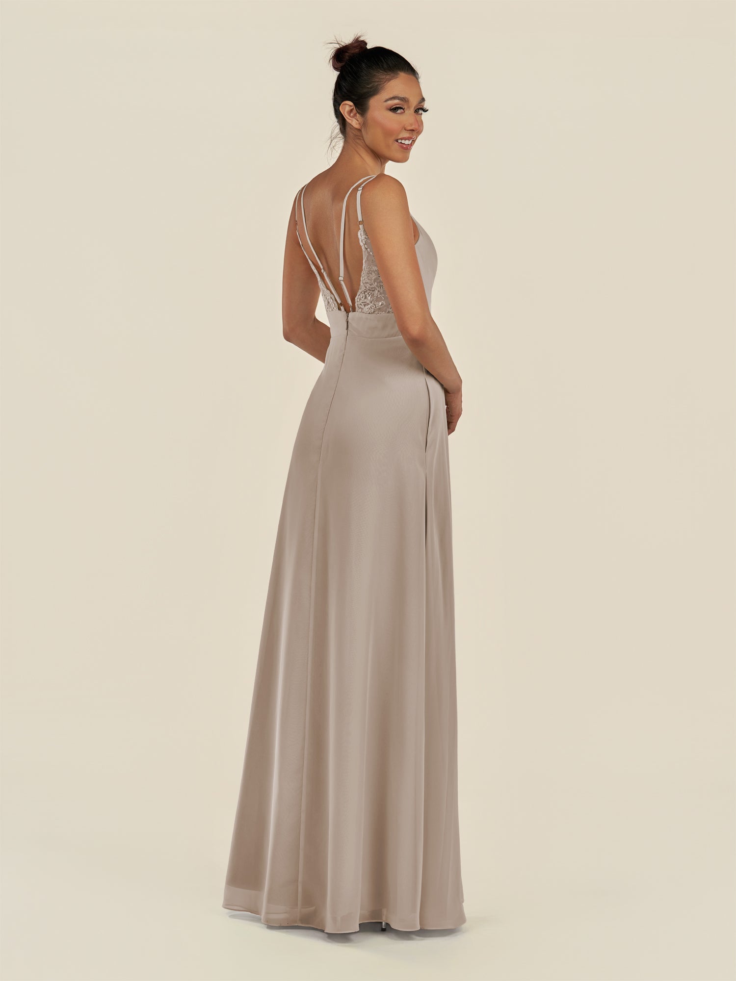 KissDress-Zyria Frost A Line Chiffon V Neck Ruched Long Bridesmaid Dress with Slit