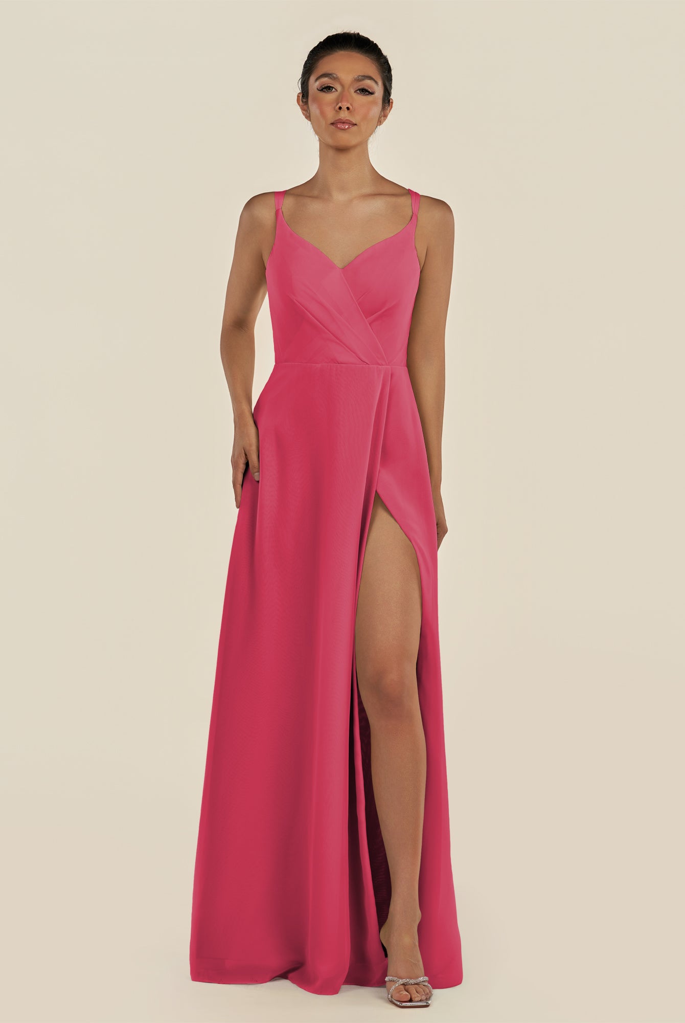KissDress-Zyria Fuchsia A Line Chiffon V Neck Ruched Long Bridesmaid Dress with Slit