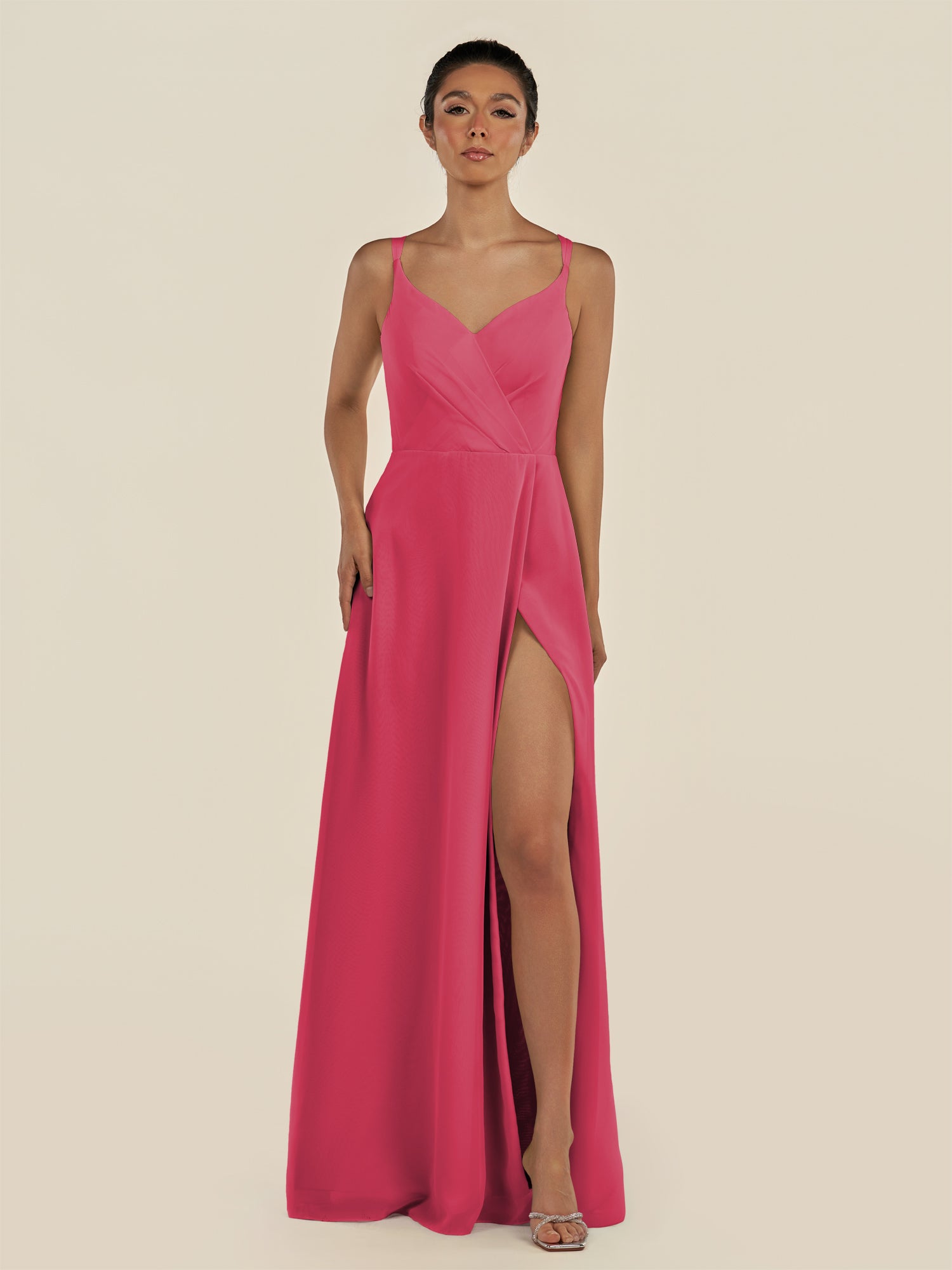 KissDress-Zyria Fuchsia A Line Chiffon V Neck Ruched Long Bridesmaid Dress with Slit