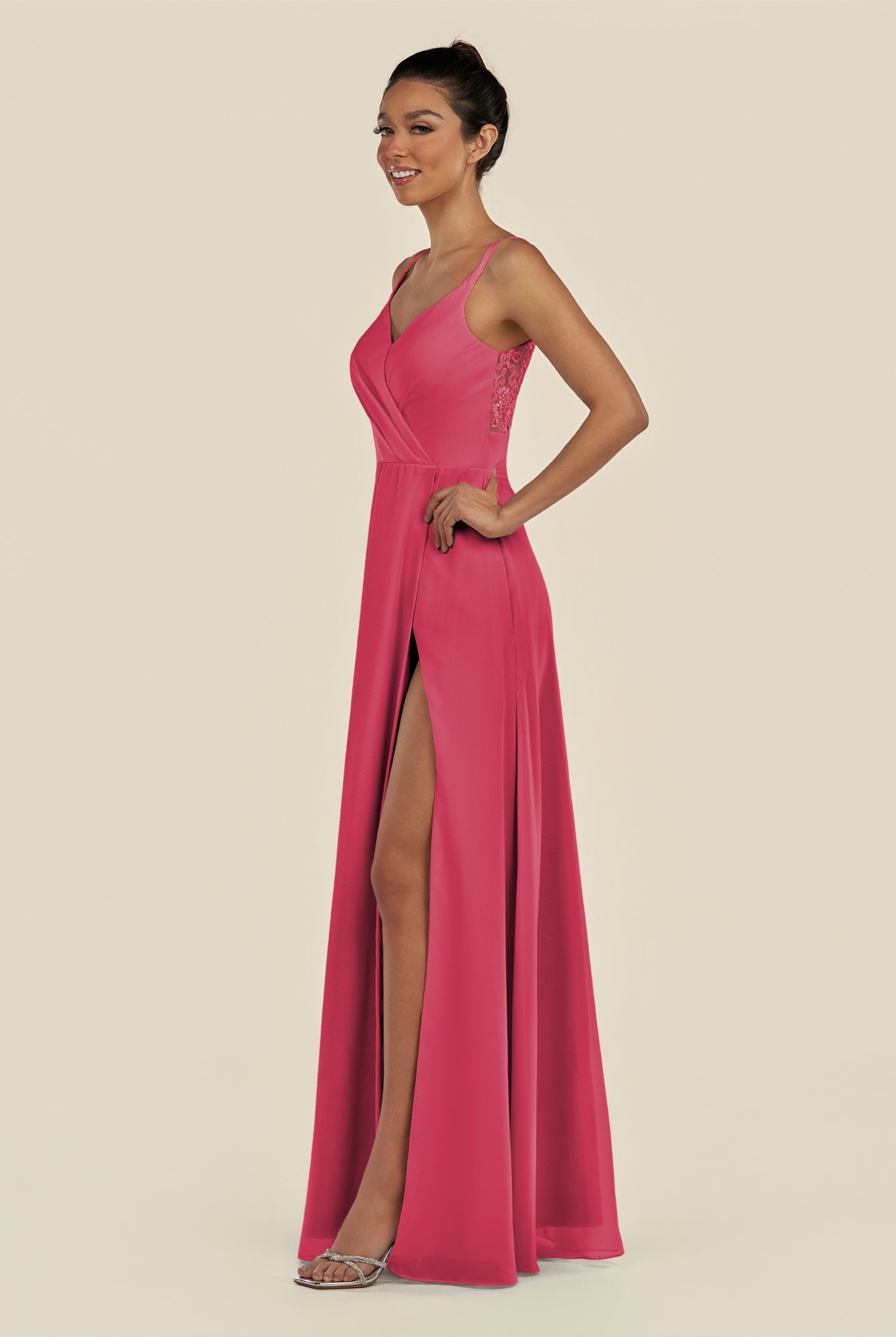 KissDress-Zyria Fuchsia A Line Chiffon V Neck Ruched Long Bridesmaid Dress with Slit
