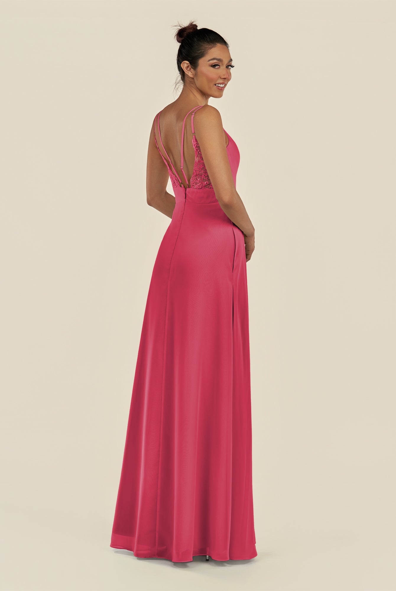 KissDress-Zyria Fuchsia A Line Chiffon V Neck Ruched Long Bridesmaid Dress with Slit