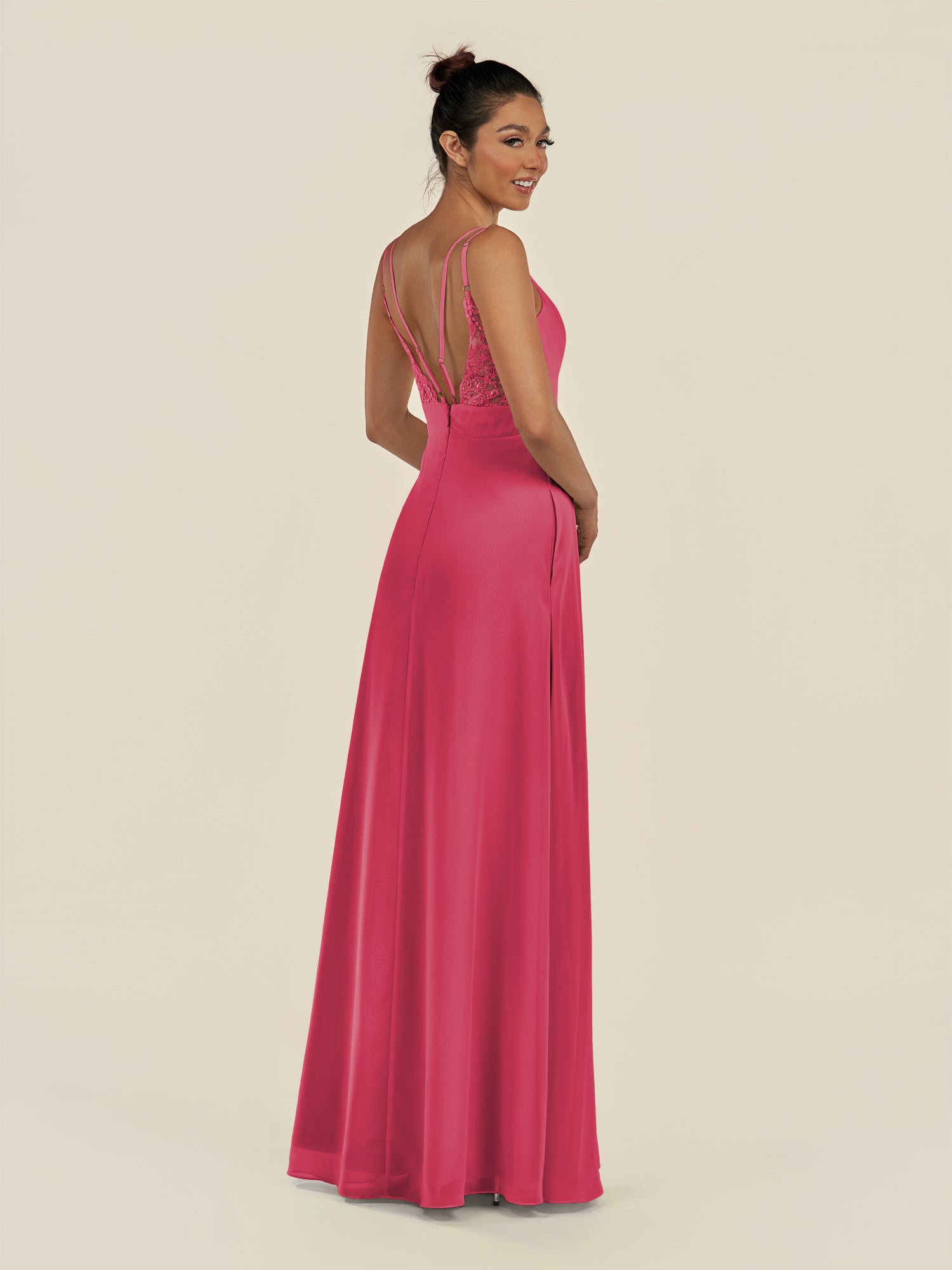 KissDress-Zyria Fuchsia A Line Chiffon V Neck Ruched Long Bridesmaid Dress with Slit