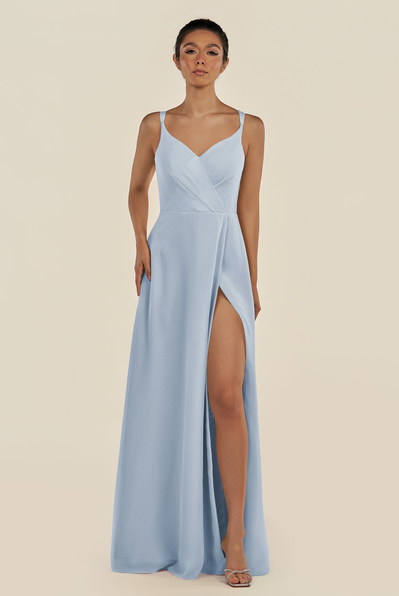 KissDress-Zyria Ice A Line Chiffon V Neck Ruched Long Bridesmaid Dress with Slit