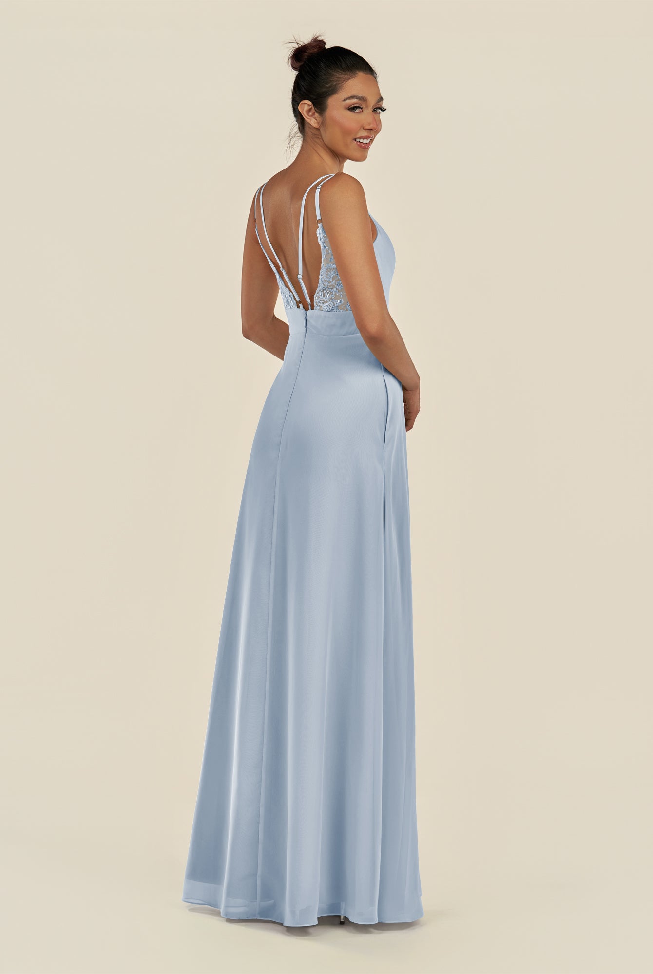 KissDress-Zyria Ice A Line Chiffon V Neck Ruched Long Bridesmaid Dress with Slit