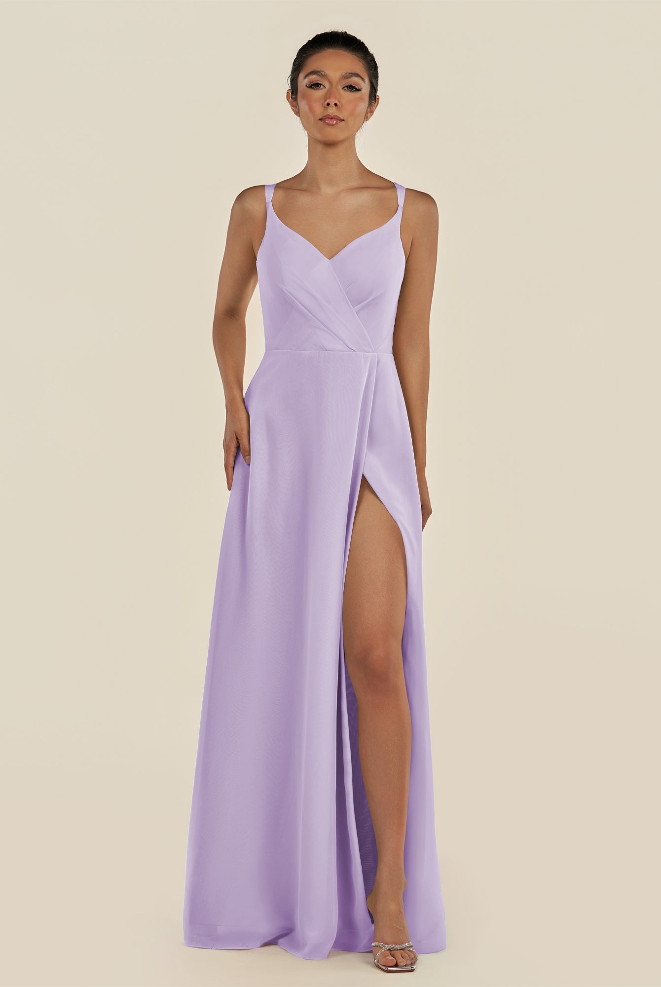 KissDress-Zyria Lavender A Line Chiffon V Neck Ruched Long Bridesmaid Dress with Slit