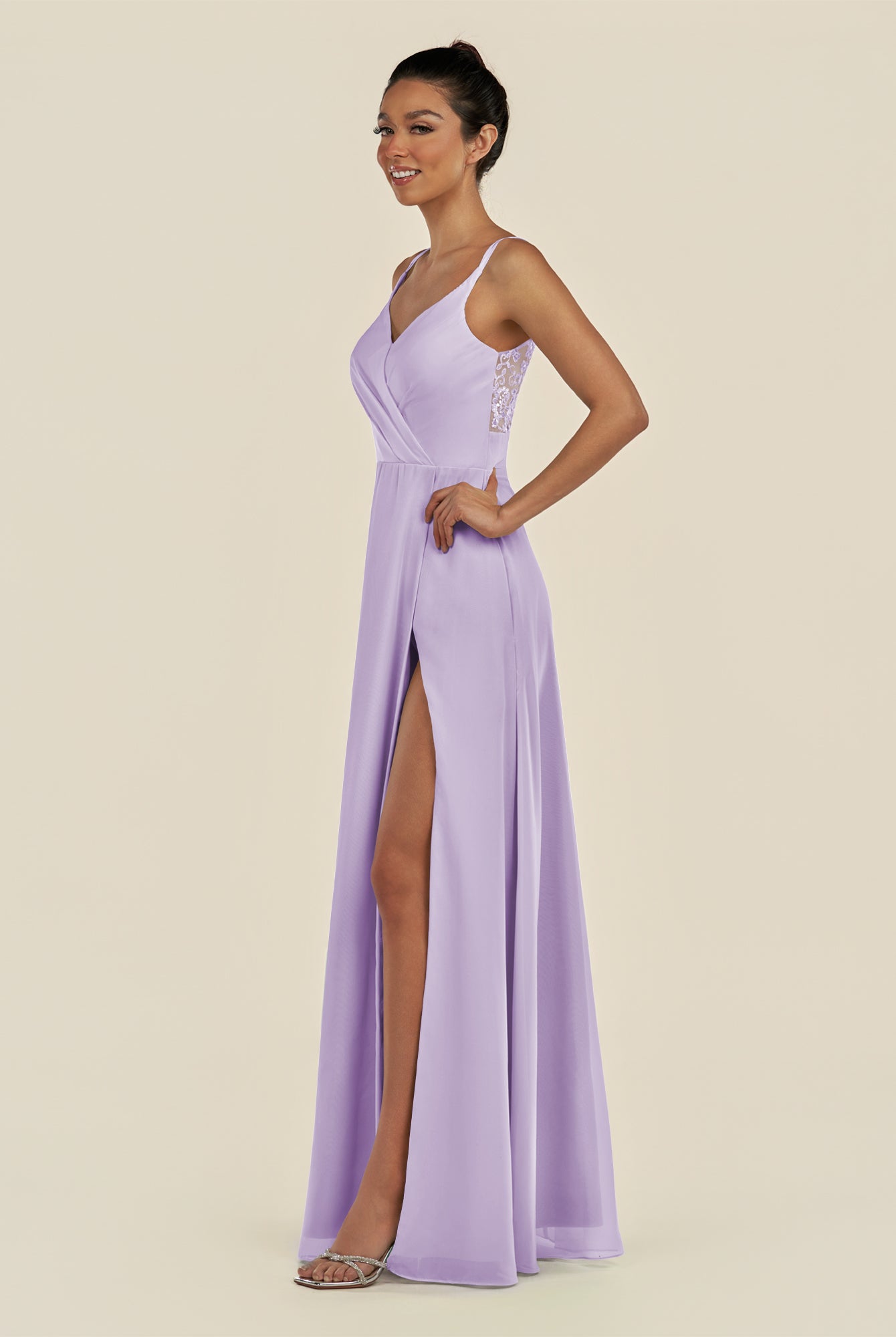 KissDress-Zyria Lavender A Line Chiffon V Neck Ruched Long Bridesmaid Dress with Slit