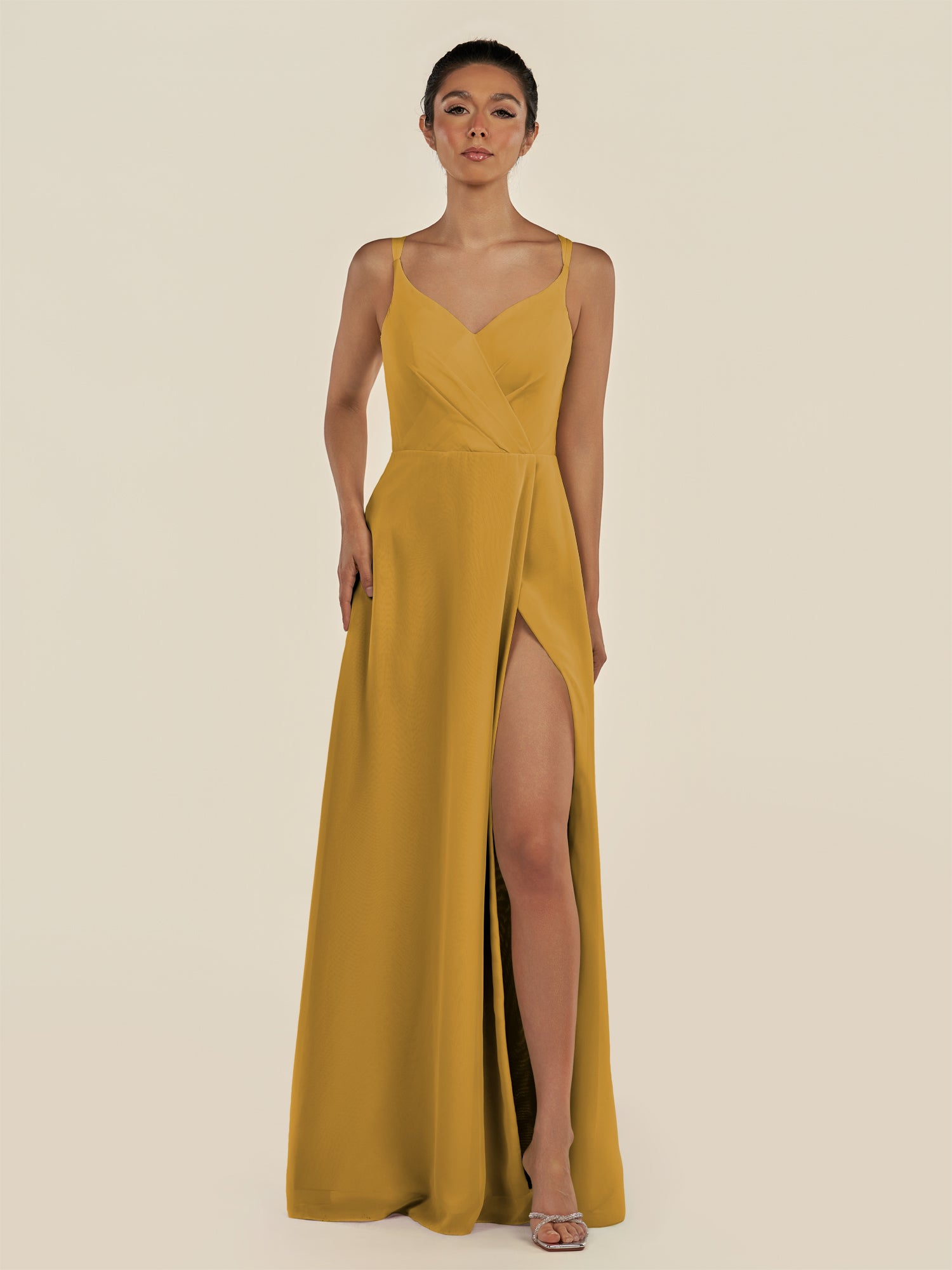KissDress-Zyria Marigold A Line Chiffon V Neck Ruched Long Bridesmaid Dress with Slit