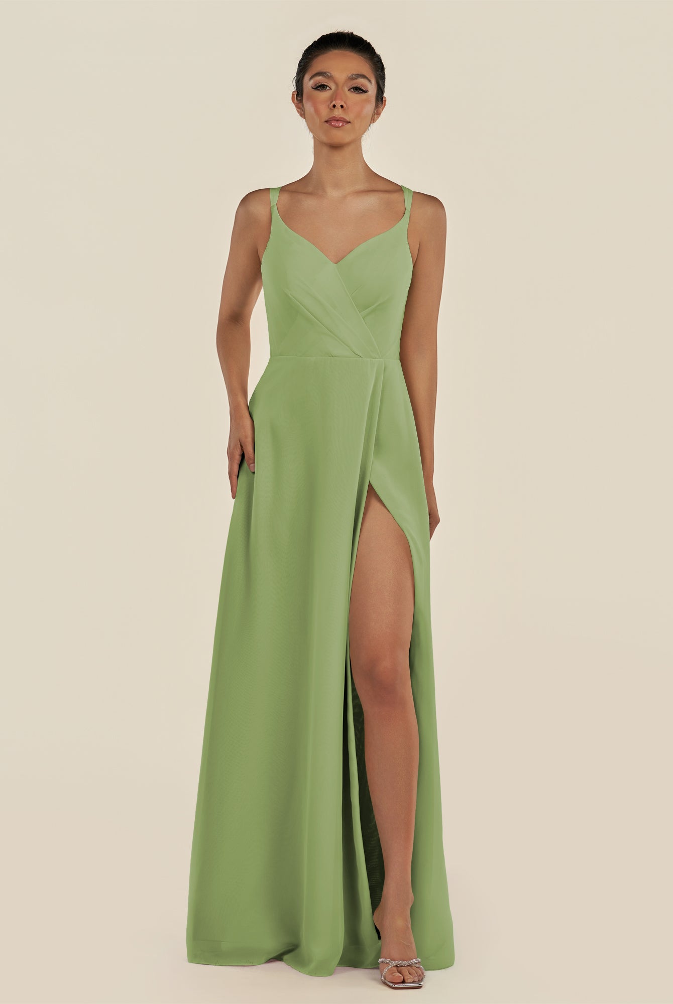 KissDress-Zyria Matcha A Line Chiffon V Neck Ruched Long Bridesmaid Dress with Slit