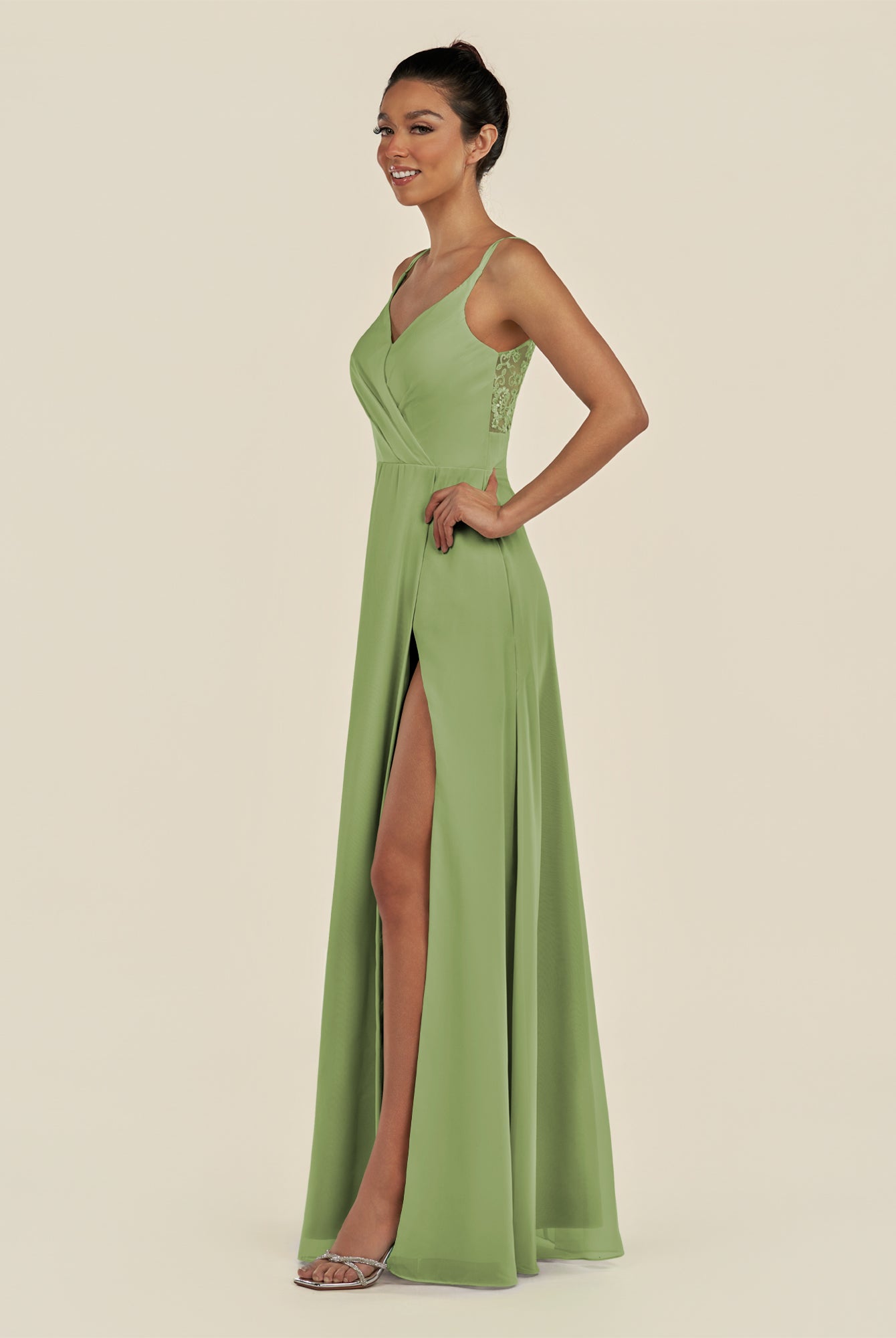 KissDress-Zyria Matcha A Line Chiffon V Neck Ruched Long Bridesmaid Dress with Slit