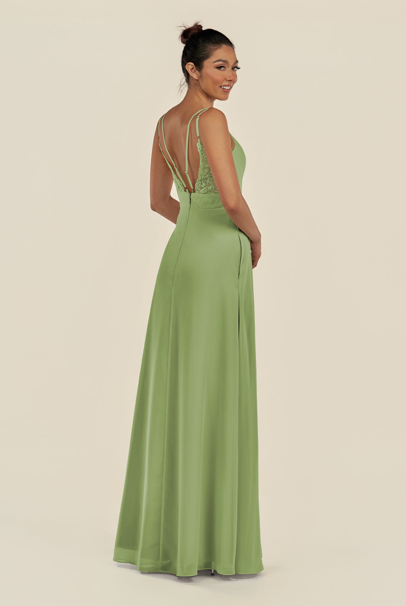 KissDress-Zyria Matcha A Line Chiffon V Neck Ruched Long Bridesmaid Dress with Slit