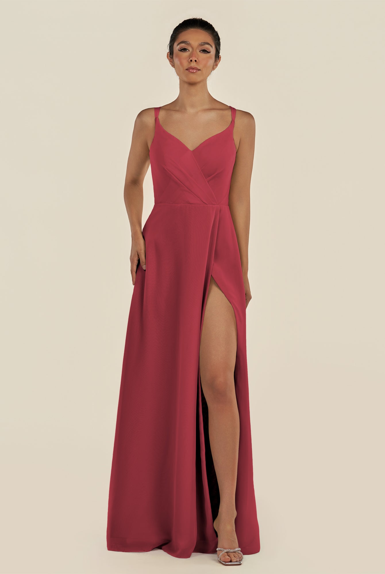 KissDress-Zyria Merlot A Line Chiffon V Neck Ruched Long Bridesmaid Dress with Slit