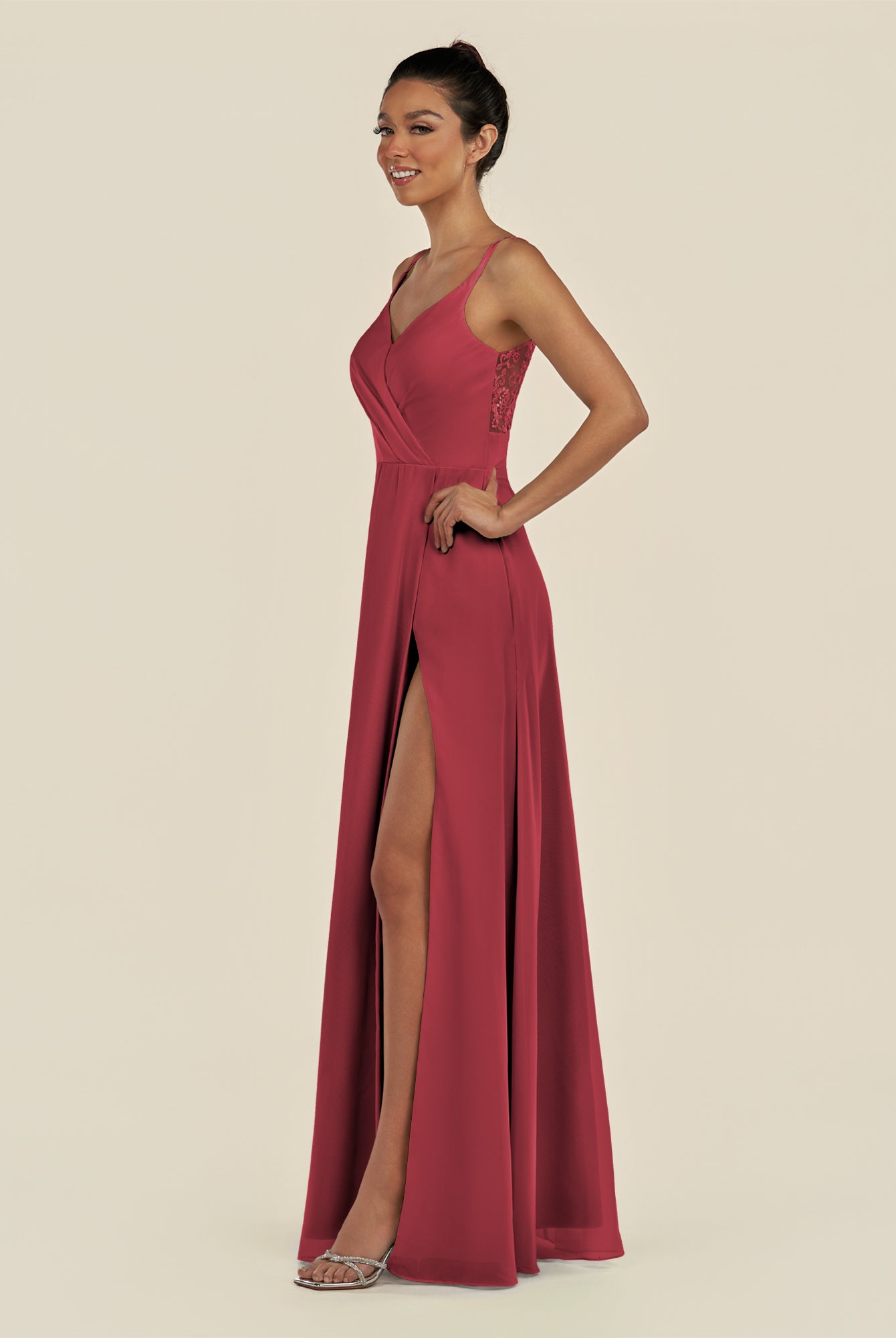 KissDress-Zyria Merlot A Line Chiffon V Neck Ruched Long Bridesmaid Dress with Slit